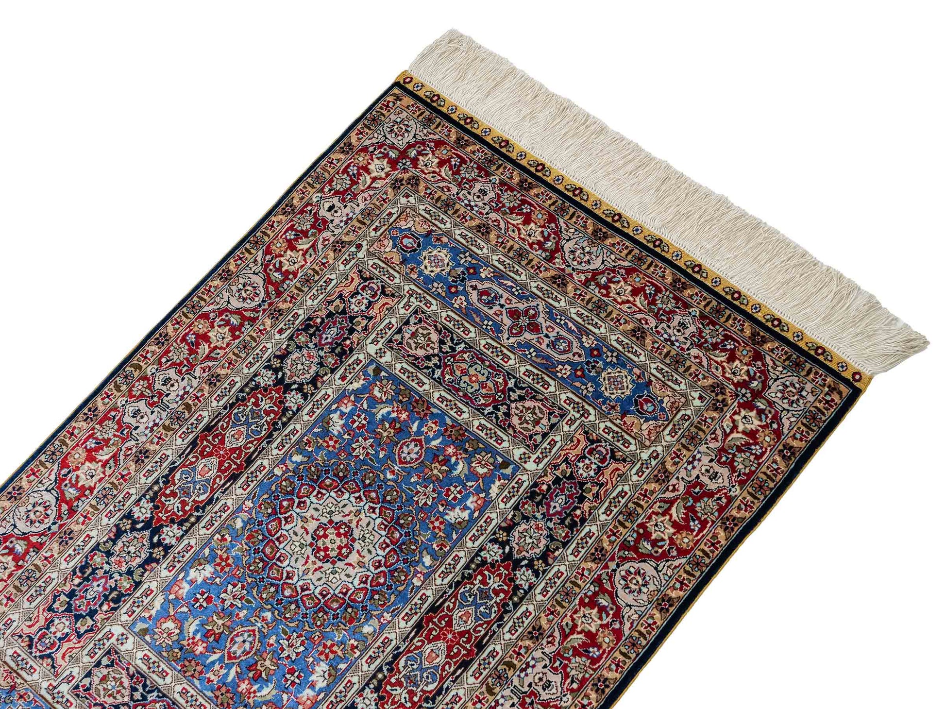 Sehr feiner, handgeknüpfter Khademi Orientteppich mit Ghom Design aus reiner Seide, blau,  multicolor. 96x62 cm. Vertrieb durch Jupiter Intl.