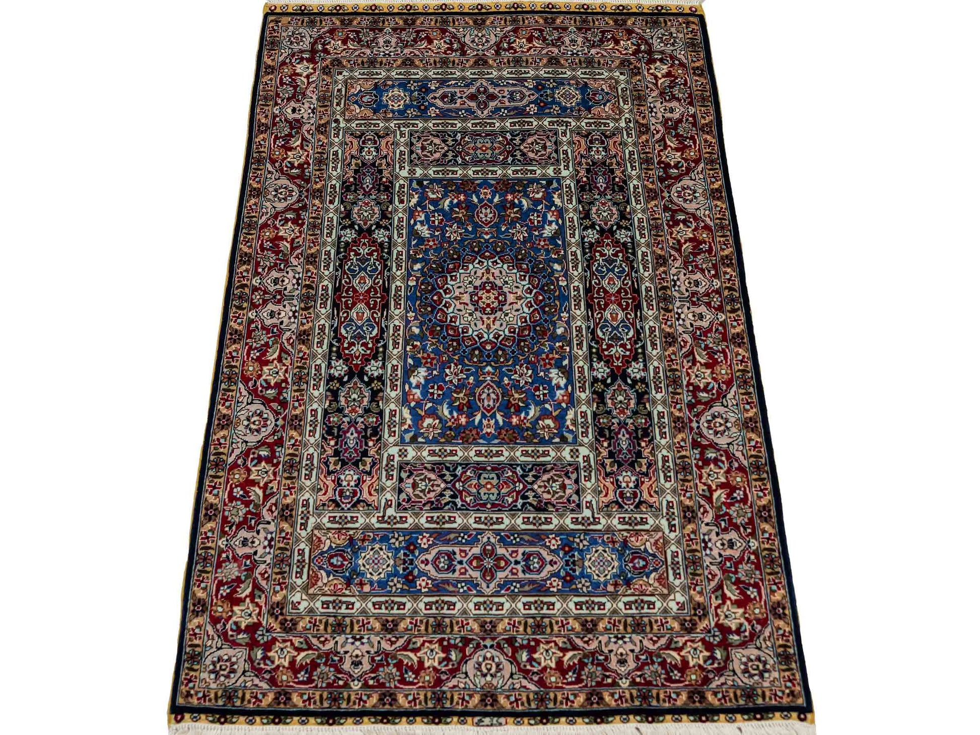 Sehr feiner, handgeknüpfter Khademi Orientteppich mit Ghom Design aus reiner Seide, blau,  multicolor. 96x62 cm. Vertrieb durch Jupiter Intl.
