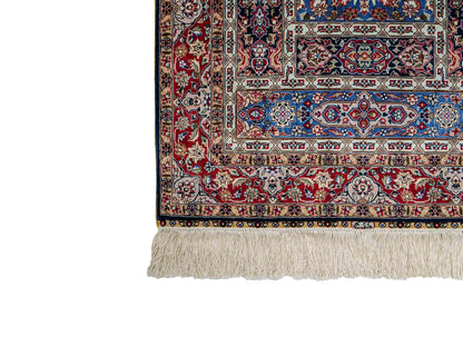 Sehr feiner, handgeknüpfter Khademi Orientteppich mit Ghom Design aus reiner Seide, blau,  multicolor. 96x62 cm. Vertrieb durch Jupiter Intl.