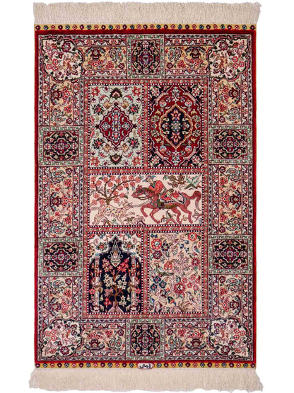 Sehr feiner, handgeknüpfter Khademi Orientteppich mit Ghom Design aus reiner Seide, rot, multicolor. 97x64 cm. Vertrieb durch Jupiter Intl.