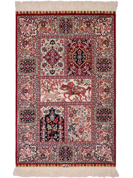 Sehr feiner, handgeknüpfter Khademi Orientteppich mit Ghom Design aus reiner Seide, rot, multicolor. 97x64 cm. Vertrieb durch Jupiter Intl.