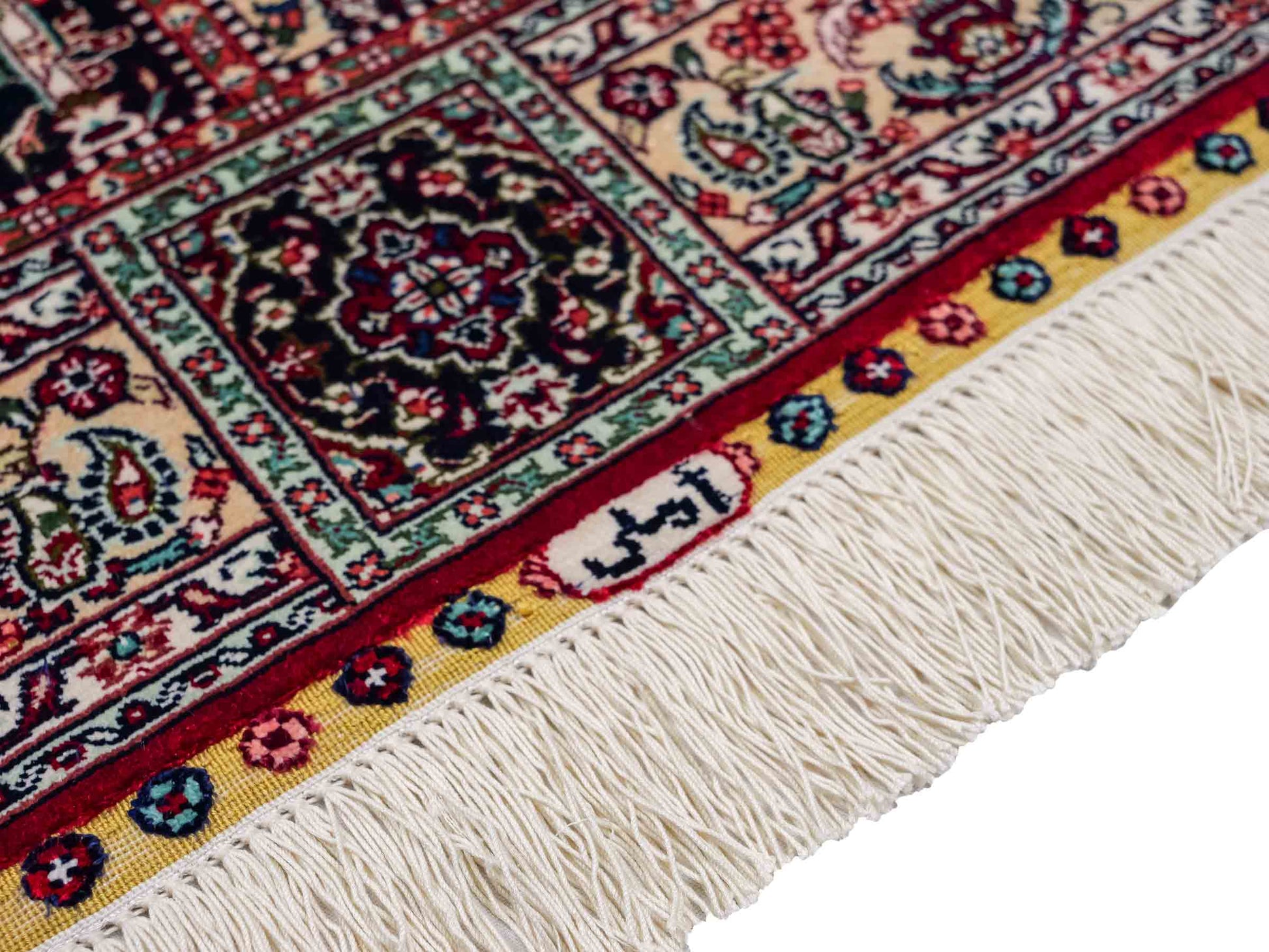 Sehr feiner, handgeknüpfter Khademi Orientteppich mit Ghom Design aus reiner Seide, rot, multicolor. 97x64 cm. Vertrieb durch Jupiter Intl.