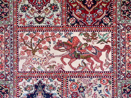 Sehr feiner, handgeknüpfter Khademi Orientteppich mit Ghom Design aus reiner Seide, rot, multicolor. 97x64 cm. Vertrieb durch Jupiter Intl.