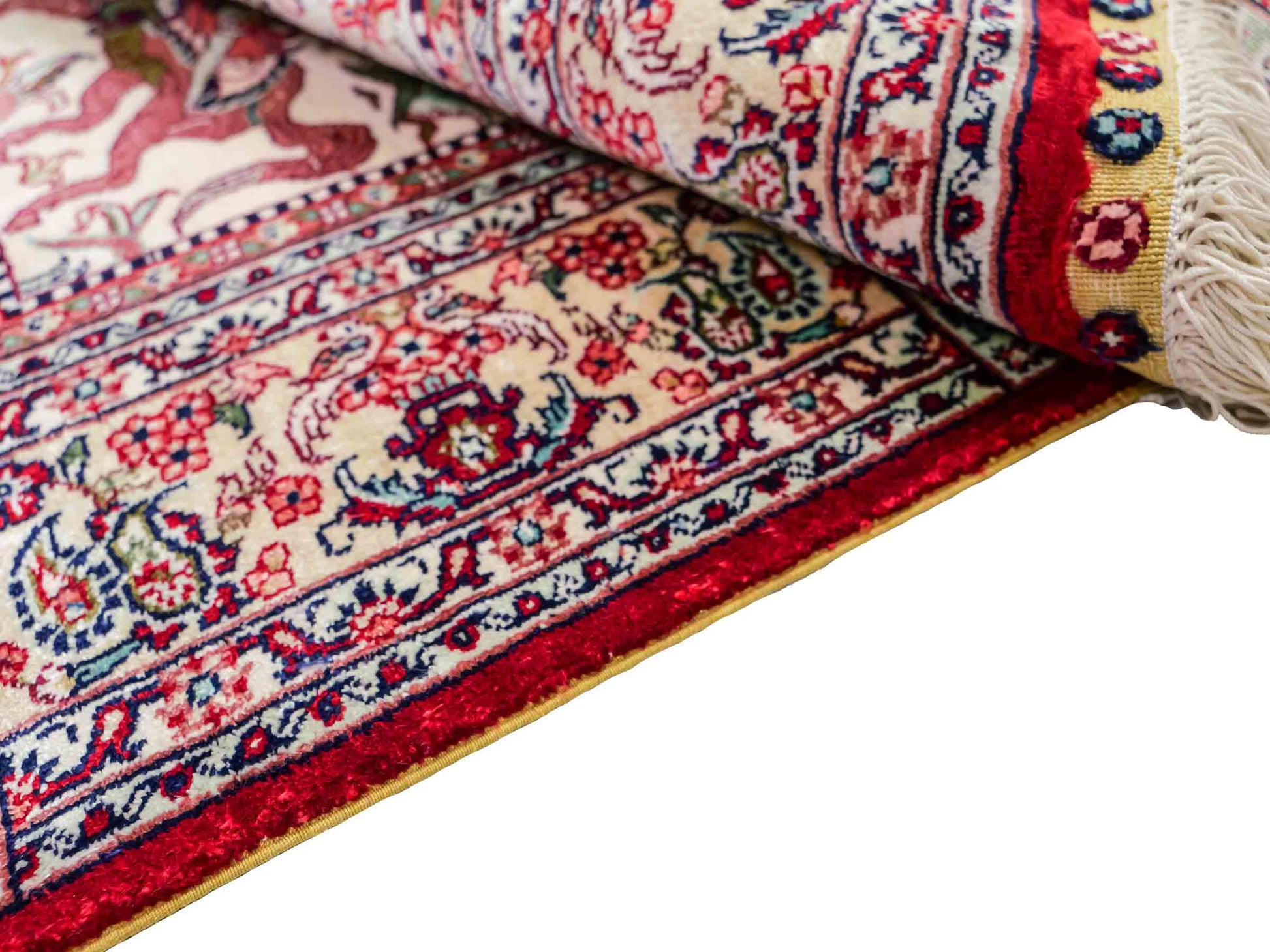 Sehr feiner, handgeknüpfter Khademi Orientteppich mit Ghom Design aus reiner Seide, rot, multicolor. 97x64 cm. Vertrieb durch Jupiter Intl.