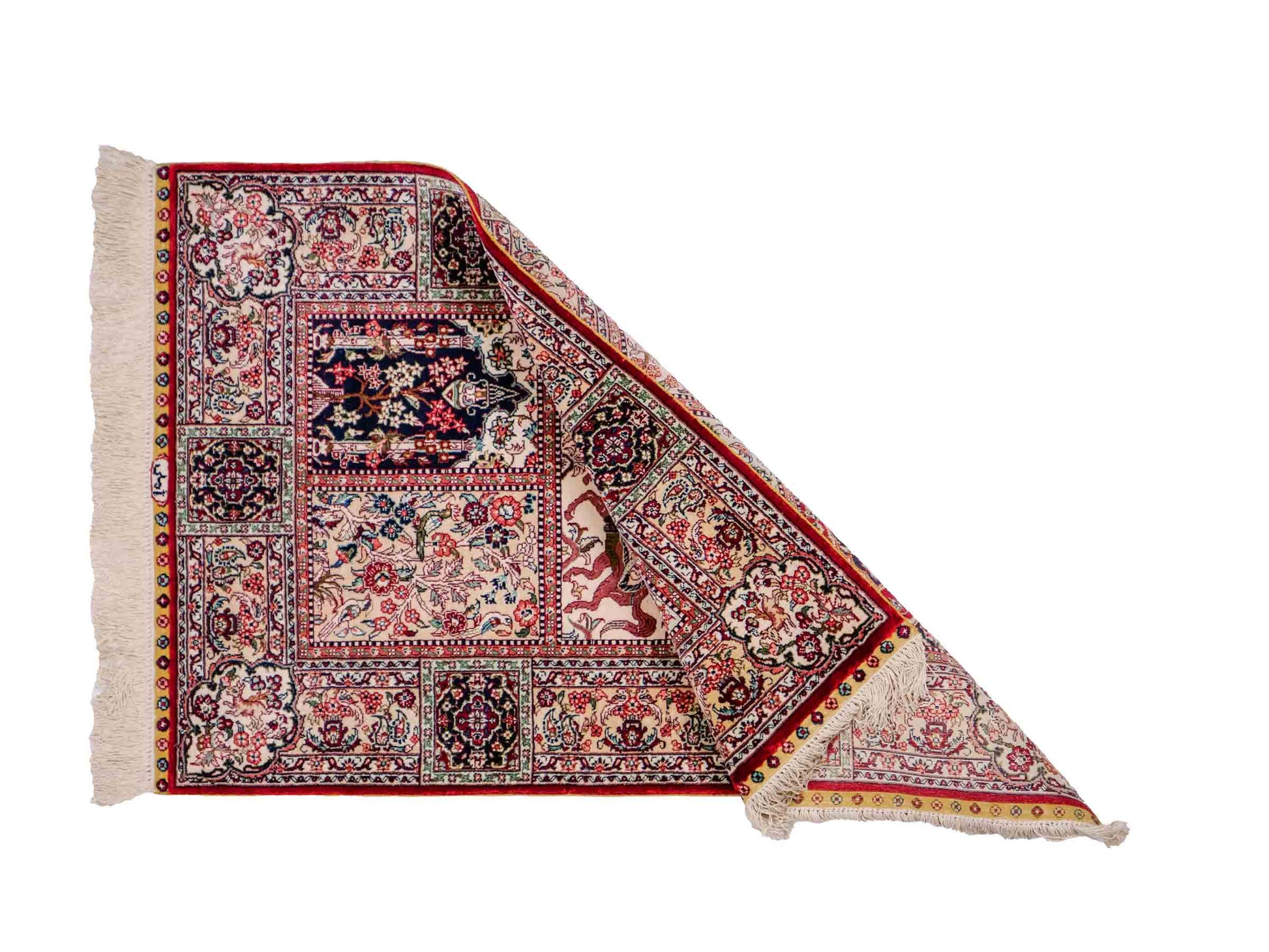 Sehr feiner, handgeknüpfter Khademi Orientteppich mit Ghom Design aus reiner Seide, rot, multicolor. 97x64 cm. Vertrieb durch Jupiter Intl.