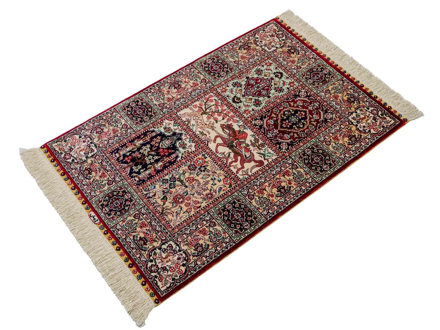 Sehr feiner, handgeknüpfter Khademi Orientteppich mit Ghom Design aus reiner Seide, rot, multicolor. 97x64 cm. Vertrieb durch Jupiter Intl.