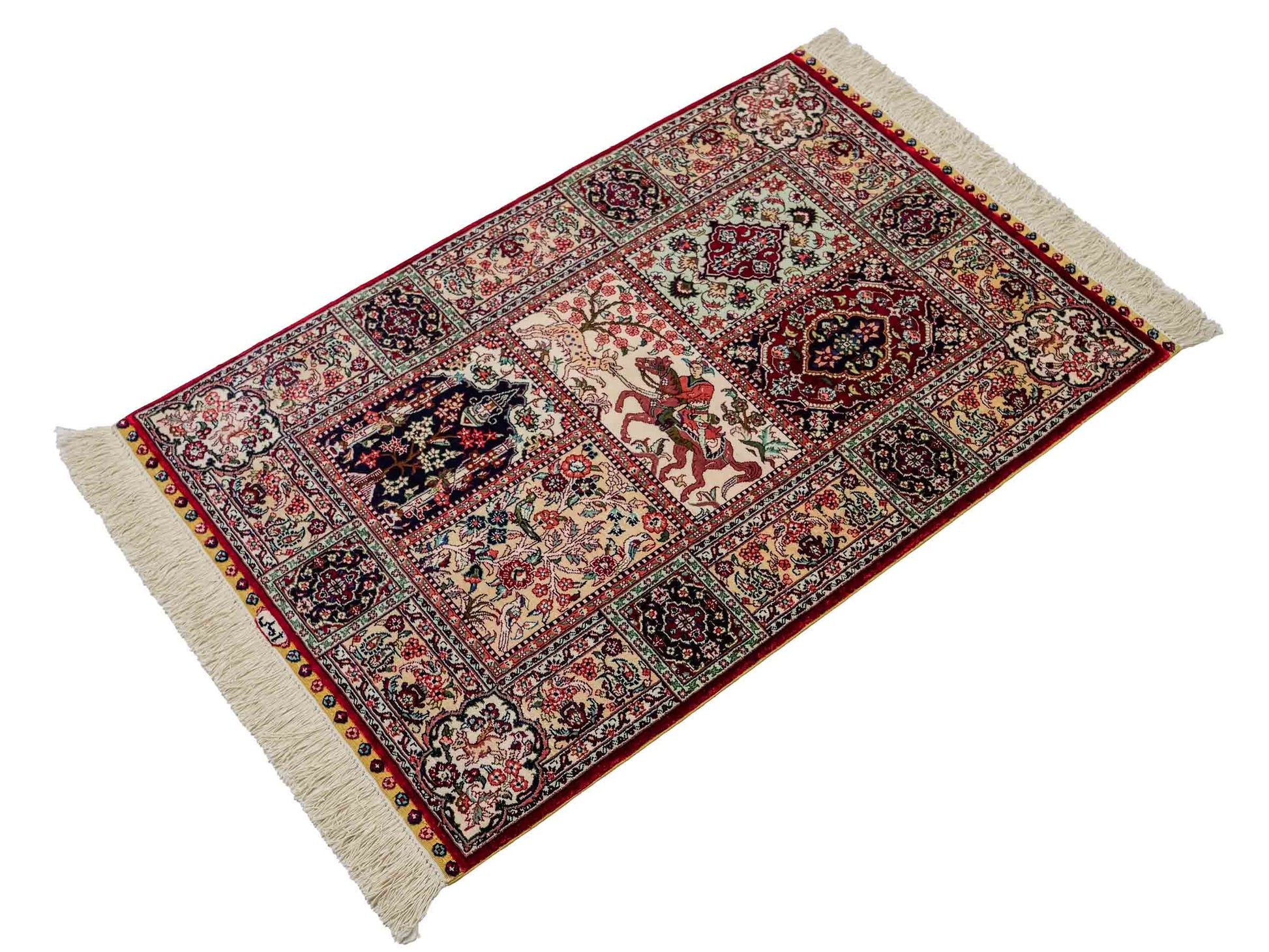 Sehr feiner, handgeknüpfter Khademi Orientteppich mit Ghom Design aus reiner Seide, rot, multicolor. 97x64 cm. Vertrieb durch Jupiter Intl.