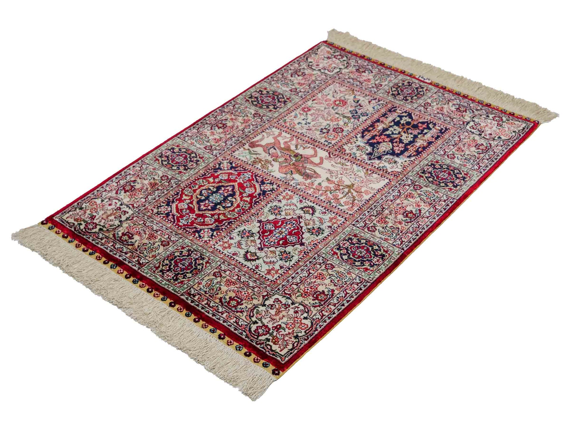 Sehr feiner, handgeknüpfter Khademi Orientteppich mit Ghom Design aus reiner Seide, rot, multicolor. 97x64 cm. Vertrieb durch Jupiter Intl.