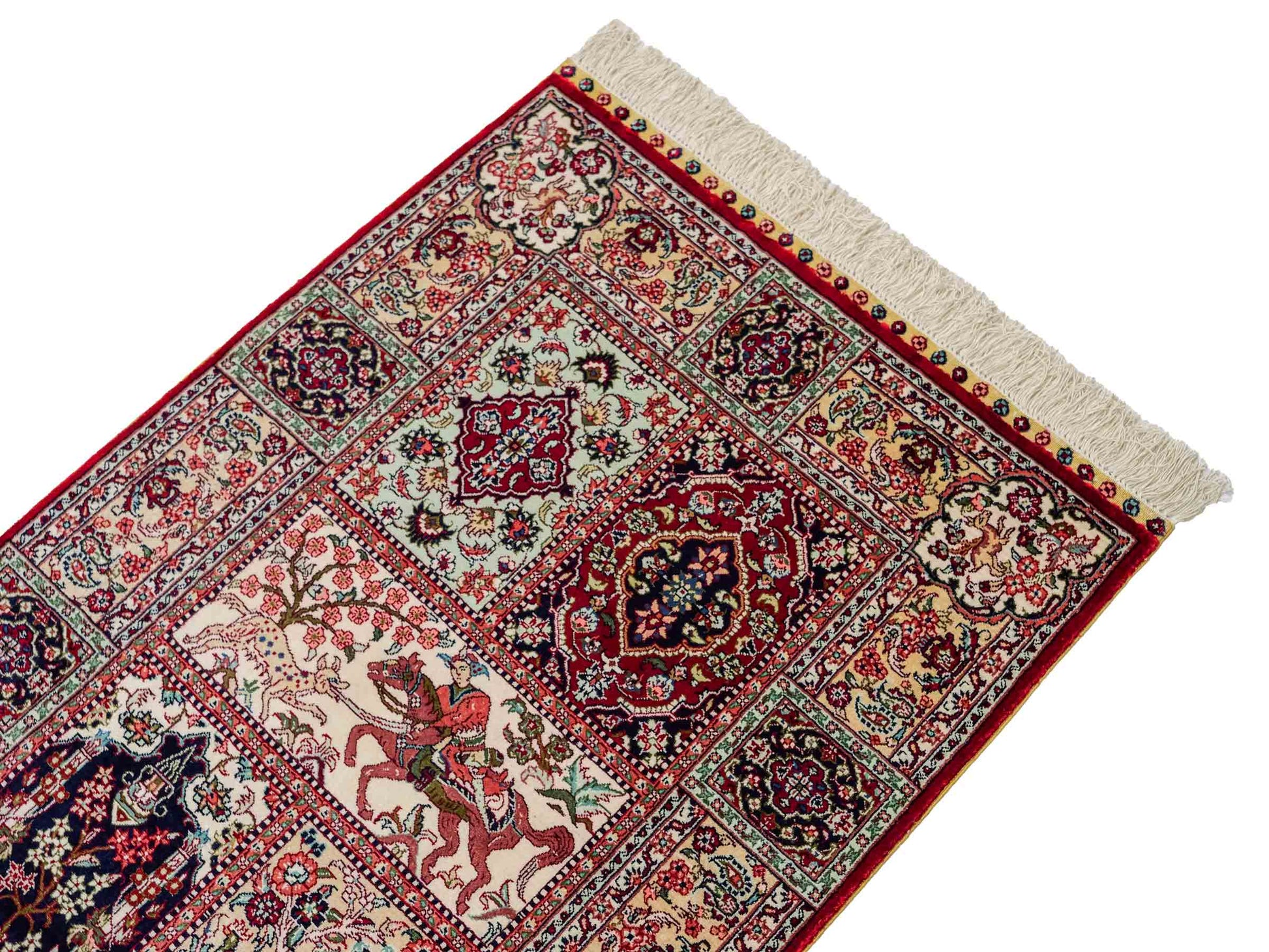 Sehr feiner, handgeknüpfter Khademi Orientteppich mit Ghom Design aus reiner Seide, rot, multicolor. 97x64 cm. Vertrieb durch Jupiter Intl.