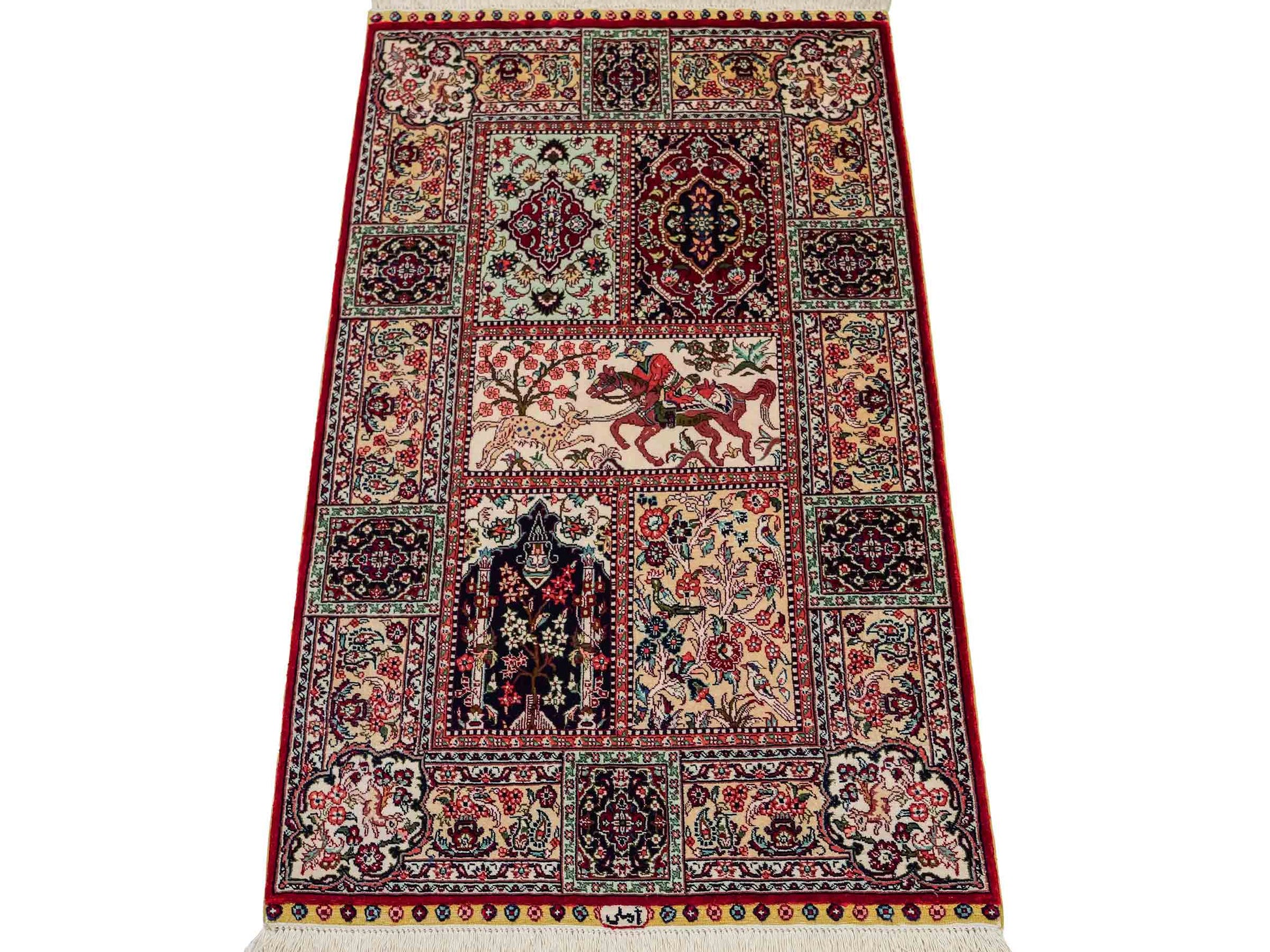 Sehr feiner, handgeknüpfter Khademi Orientteppich mit Ghom Design aus reiner Seide, rot, multicolor. 97x64 cm. Vertrieb durch Jupiter Intl.