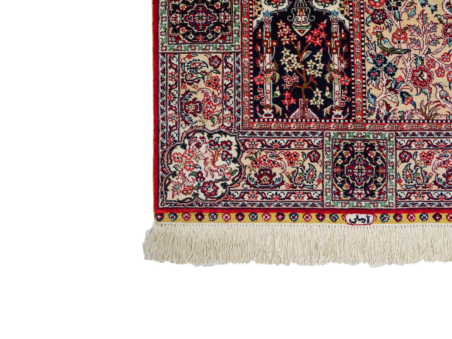 Sehr feiner, handgeknüpfter Khademi Orientteppich mit Ghom Design aus reiner Seide, rot, multicolor. 97x64 cm. Vertrieb durch Jupiter Intl.