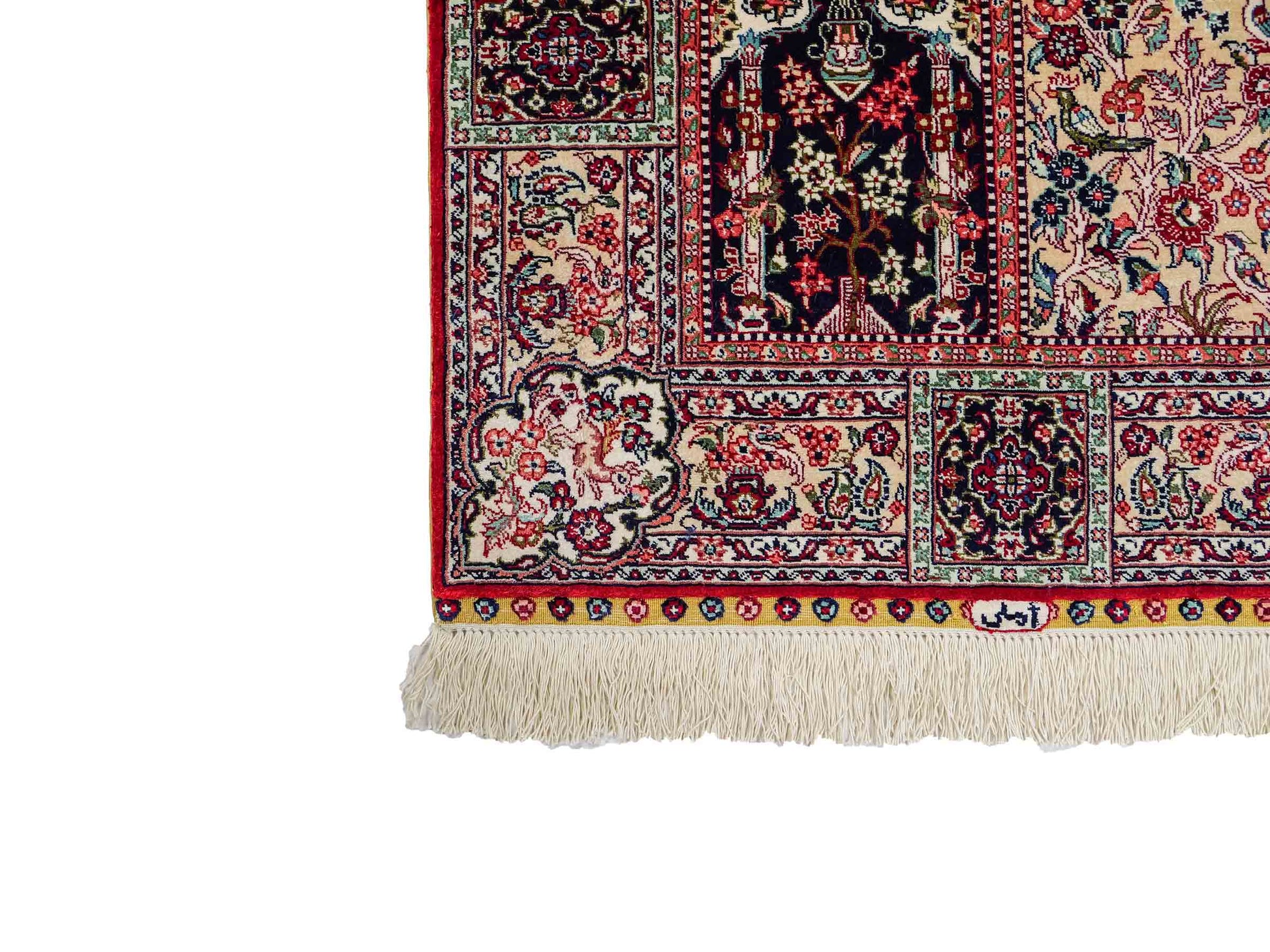 Sehr feiner, handgeknüpfter Khademi Orientteppich mit Ghom Design aus reiner Seide, rot, multicolor. 97x64 cm. Vertrieb durch Jupiter Intl.
