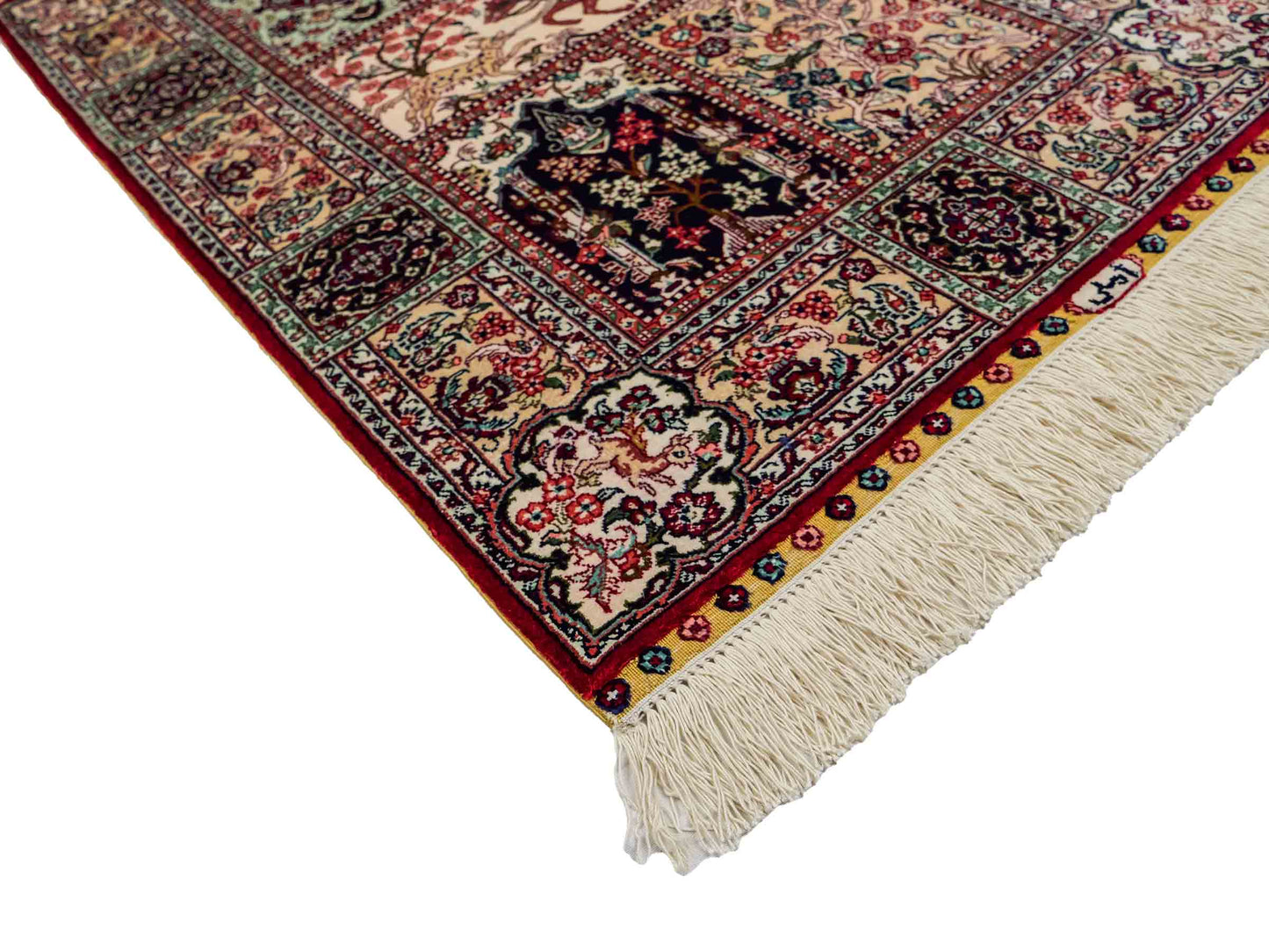 Sehr feiner, handgeknüpfter Khademi Orientteppich mit Ghom Design aus reiner Seide, rot, multicolor. 97x64 cm. Vertrieb durch Jupiter Intl.