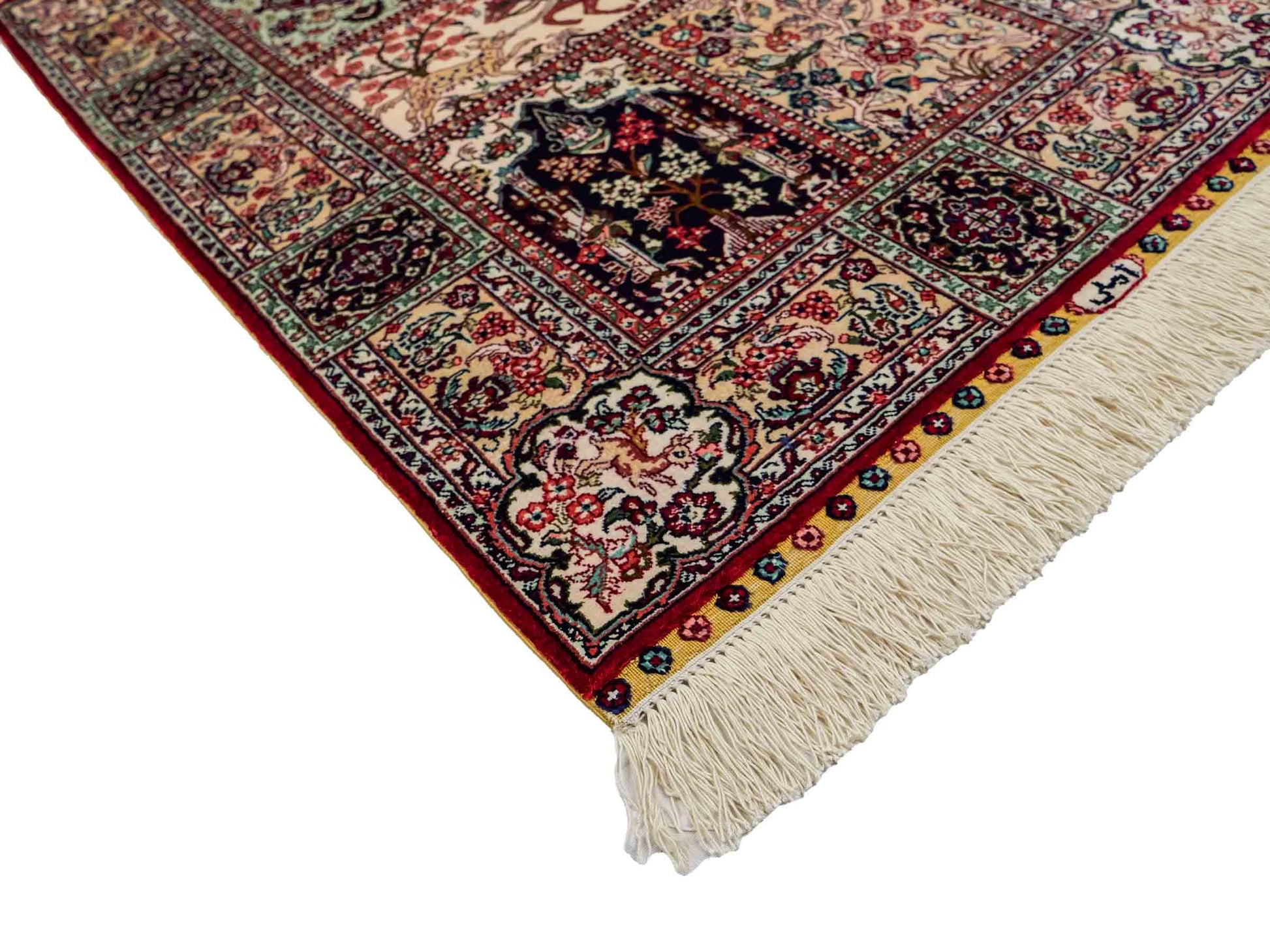 Sehr feiner, handgeknüpfter Khademi Orientteppich mit Ghom Design aus reiner Seide, rot, multicolor. 97x64 cm. Vertrieb durch Jupiter Intl.