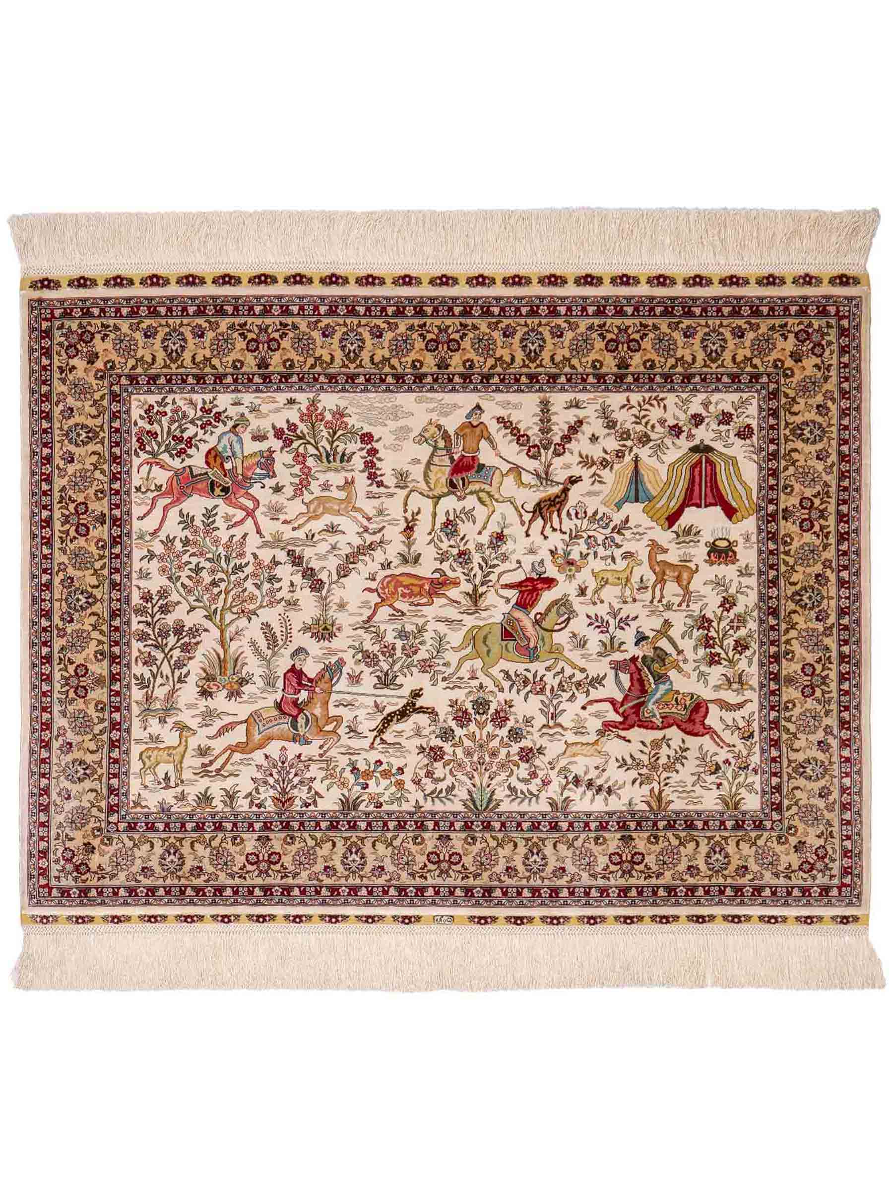 Extrem feiner, handgeknüpfter Khademi Ghom Orientteppich aus purer Seide, weiß, creme. 97x75 cm. Verkauf durch Jupiter Intl.