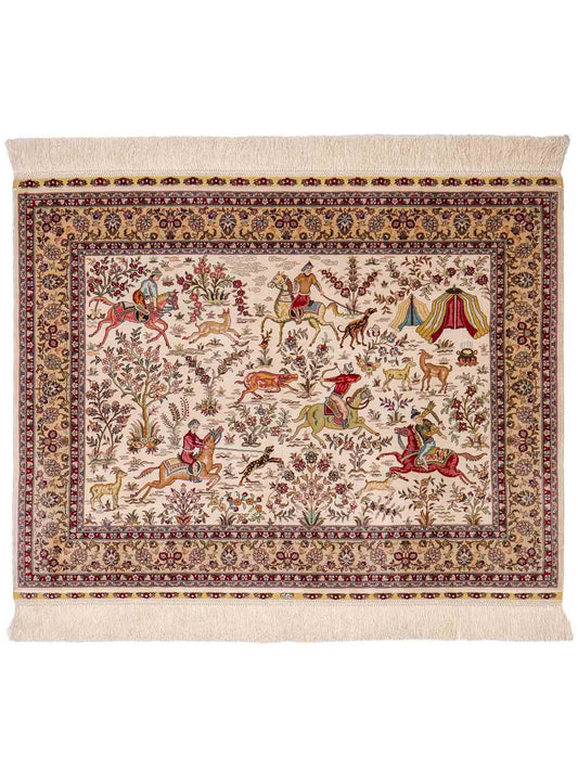 Extrem feiner, handgeknüpfter Khademi Ghom Orientteppich aus purer Seide, weiß, creme. 97x75 cm. Verkauf durch Jupiter Intl.