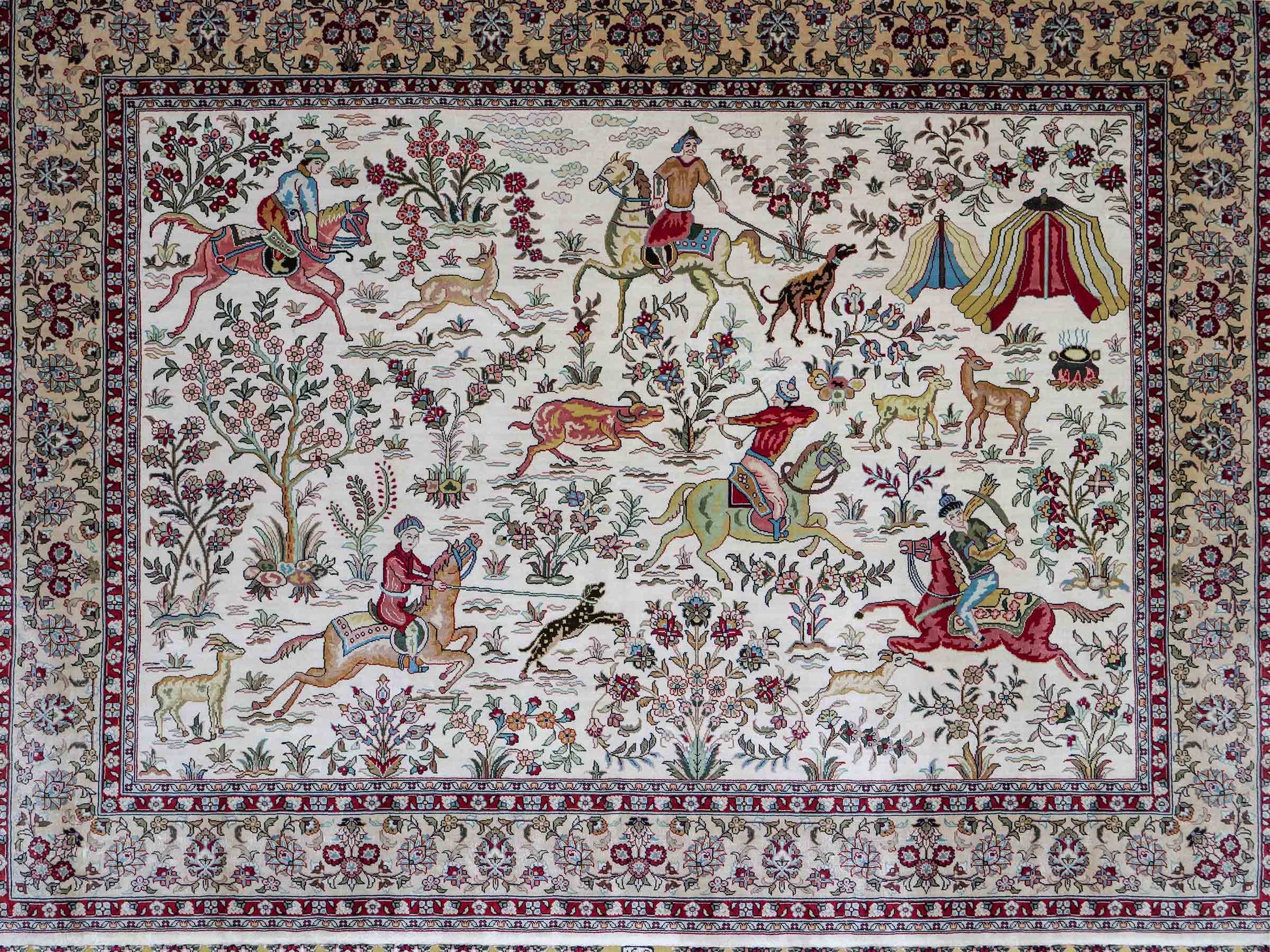 Extrem feiner, handgeknüpfter Khademi Ghom Orientteppich aus purer Seide, weiß, creme. 97x75 cm. Verkauf durch Jupiter Intl.