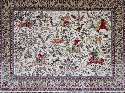Extrem feiner, handgeknüpfter Khademi Ghom Orientteppich aus purer Seide, weiß, creme. 97x75 cm. Verkauf durch Jupiter Intl.