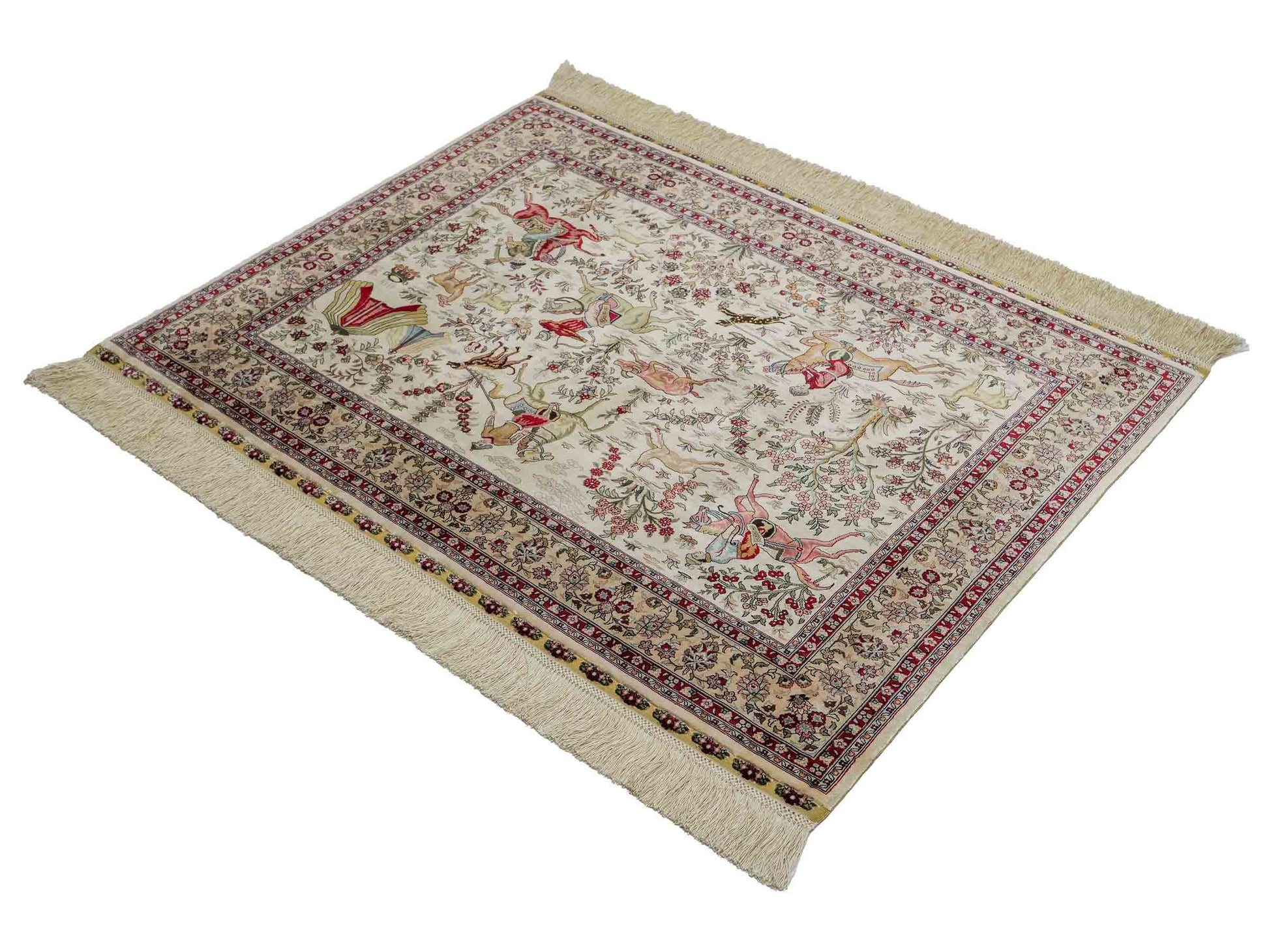 Extrem feiner, handgeknüpfter Khademi Ghom Orientteppich aus purer Seide, weiß, creme. 97x75 cm. Verkauf durch Jupiter Intl.