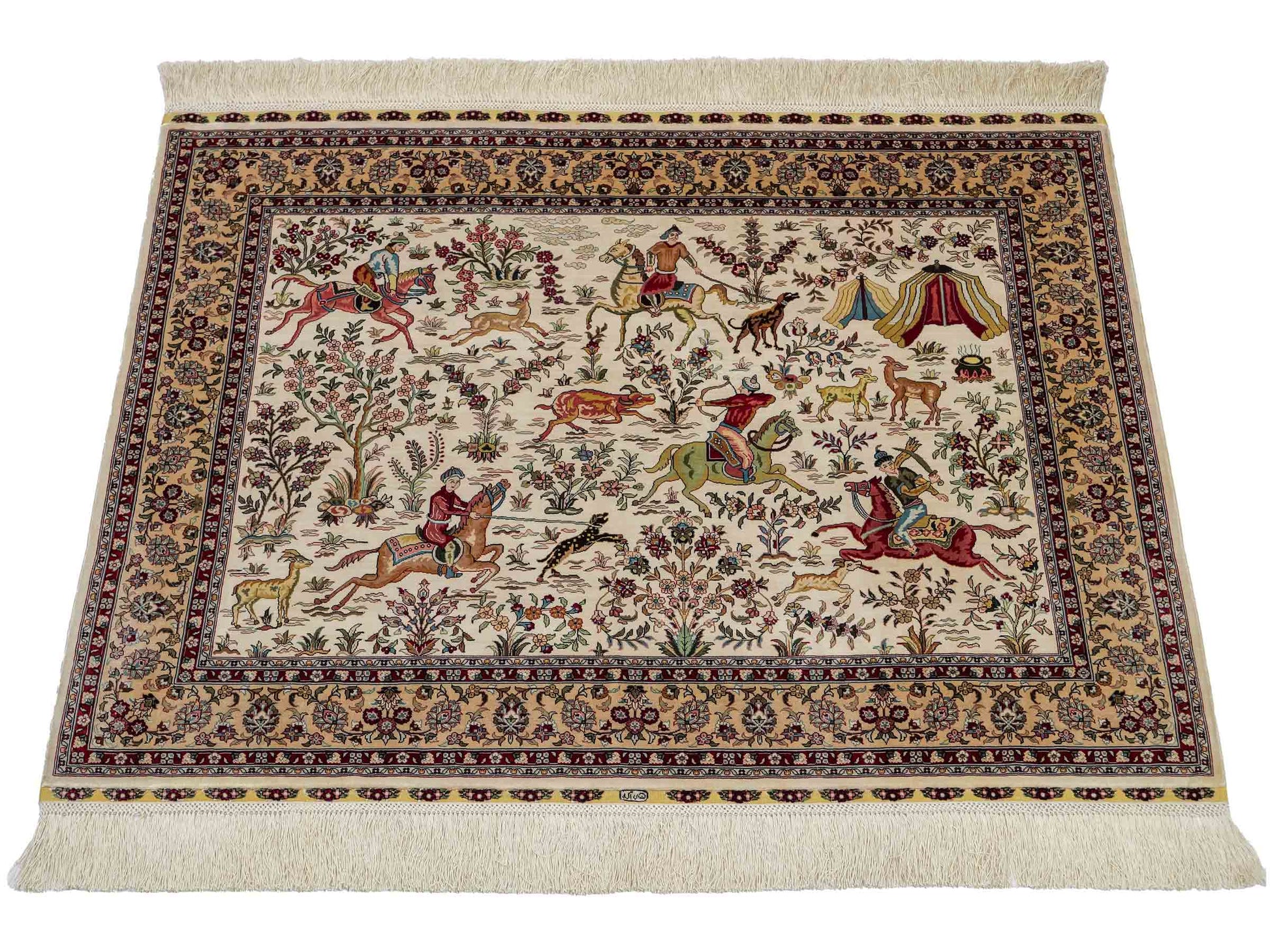 Extrem feiner, handgeknüpfter Khademi Ghom Orientteppich aus purer Seide, weiß, creme. 97x75 cm. Verkauf durch Jupiter Intl.