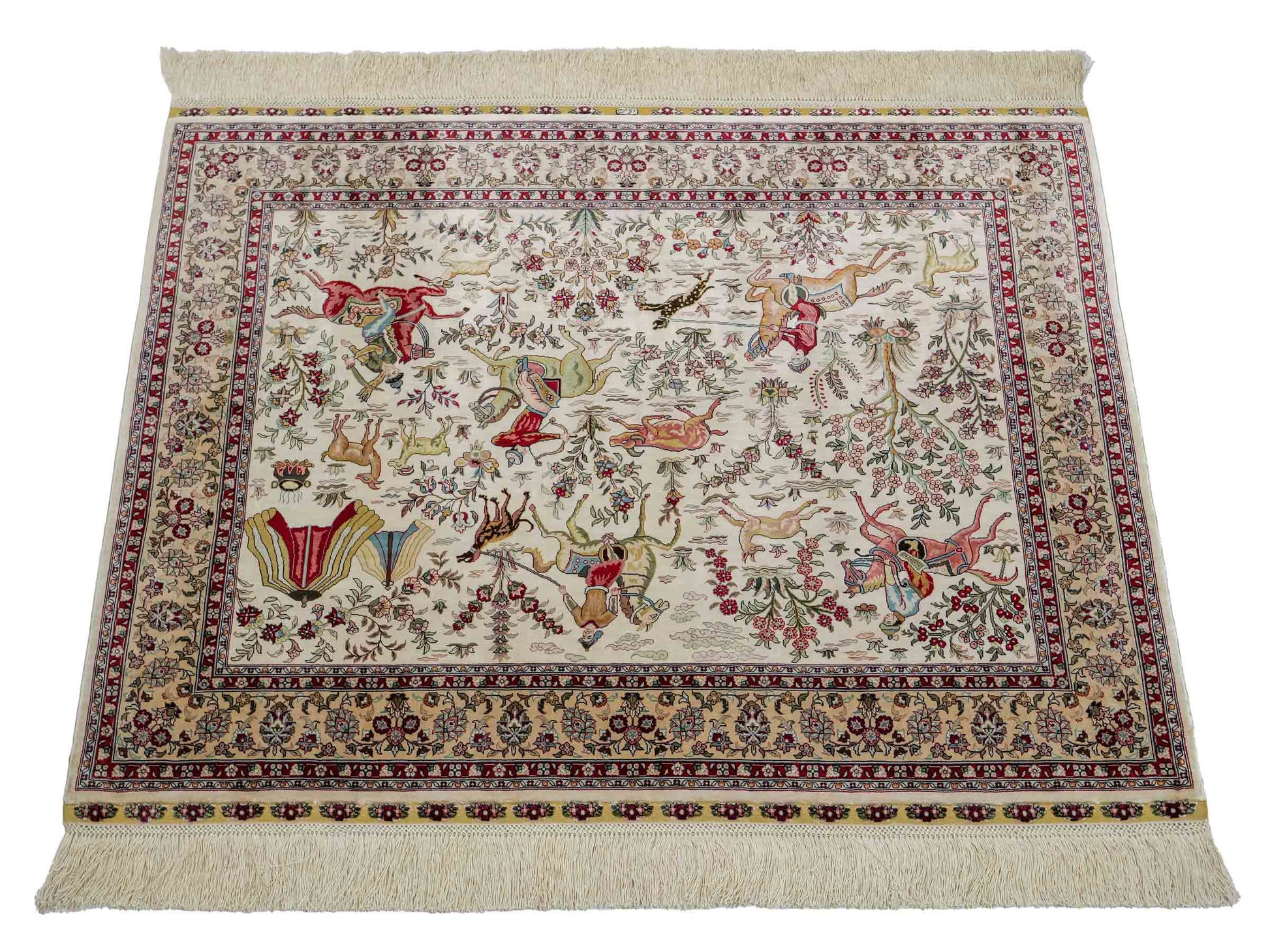 Extrem feiner, handgeknüpfter Khademi Ghom Orientteppich aus purer Seide, weiß, creme. 97x75 cm. Verkauf durch Jupiter Intl.