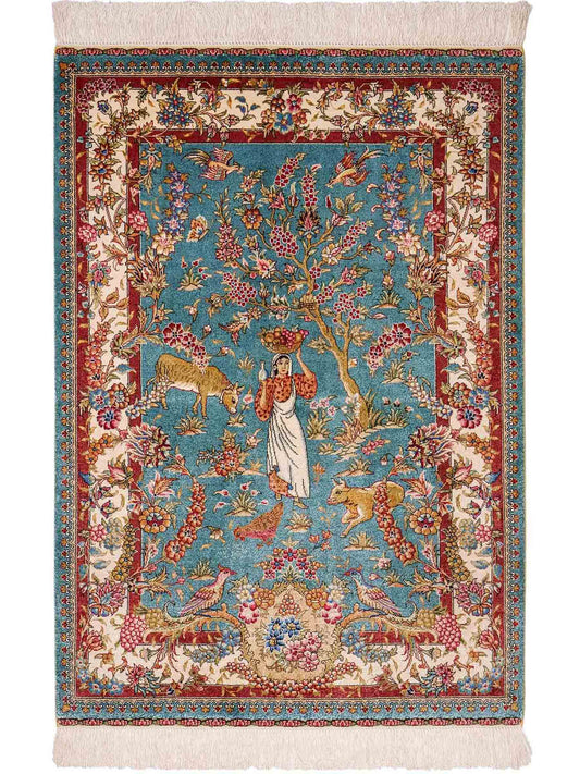 Sehr feiner, handgeknüpfter Khademi Orientteppich mit Hereke Design aus reiner Seide, blau, creme, rot. 112x78 cm. Vertrieb durch Jupiter Intl.