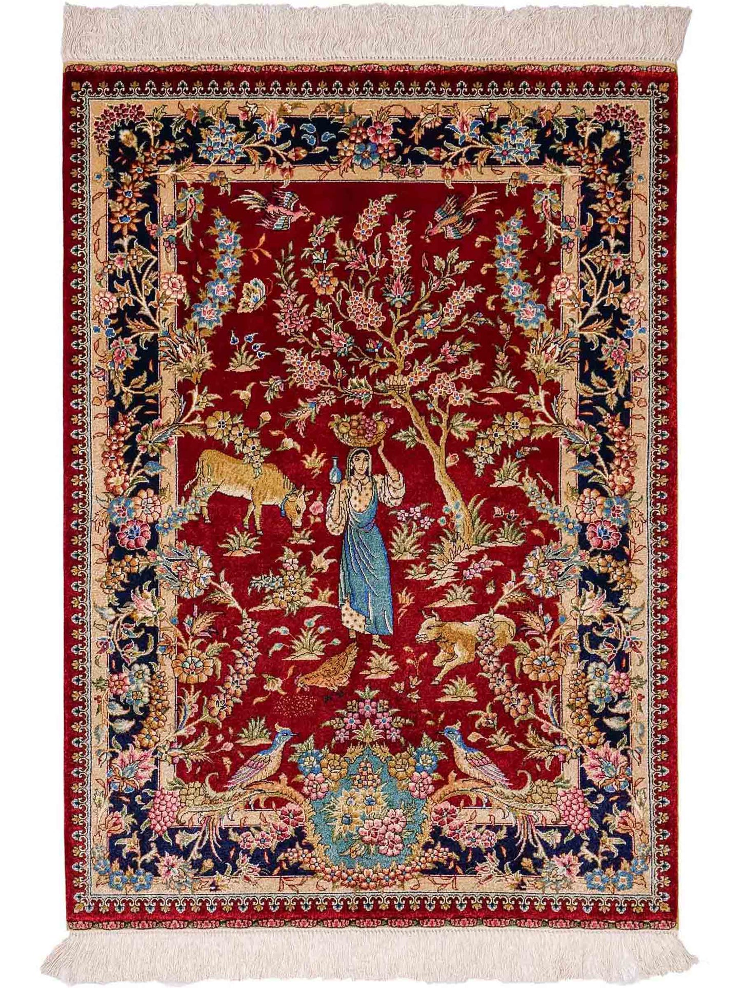 Sehr feiner, handgeknüpfter Khademi Orientteppich mit Hereke Design aus reiner Seide, rot, blau. Vertrieb durch Jupiter Intl.