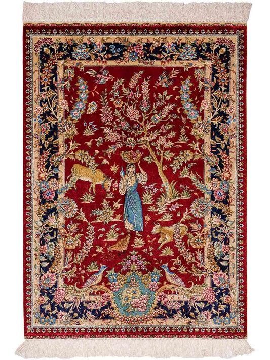 Sehr feiner, handgeknüpfter Khademi Orientteppich mit Hereke Design aus reiner Seide, rot, blau. Vertrieb durch Jupiter Intl.