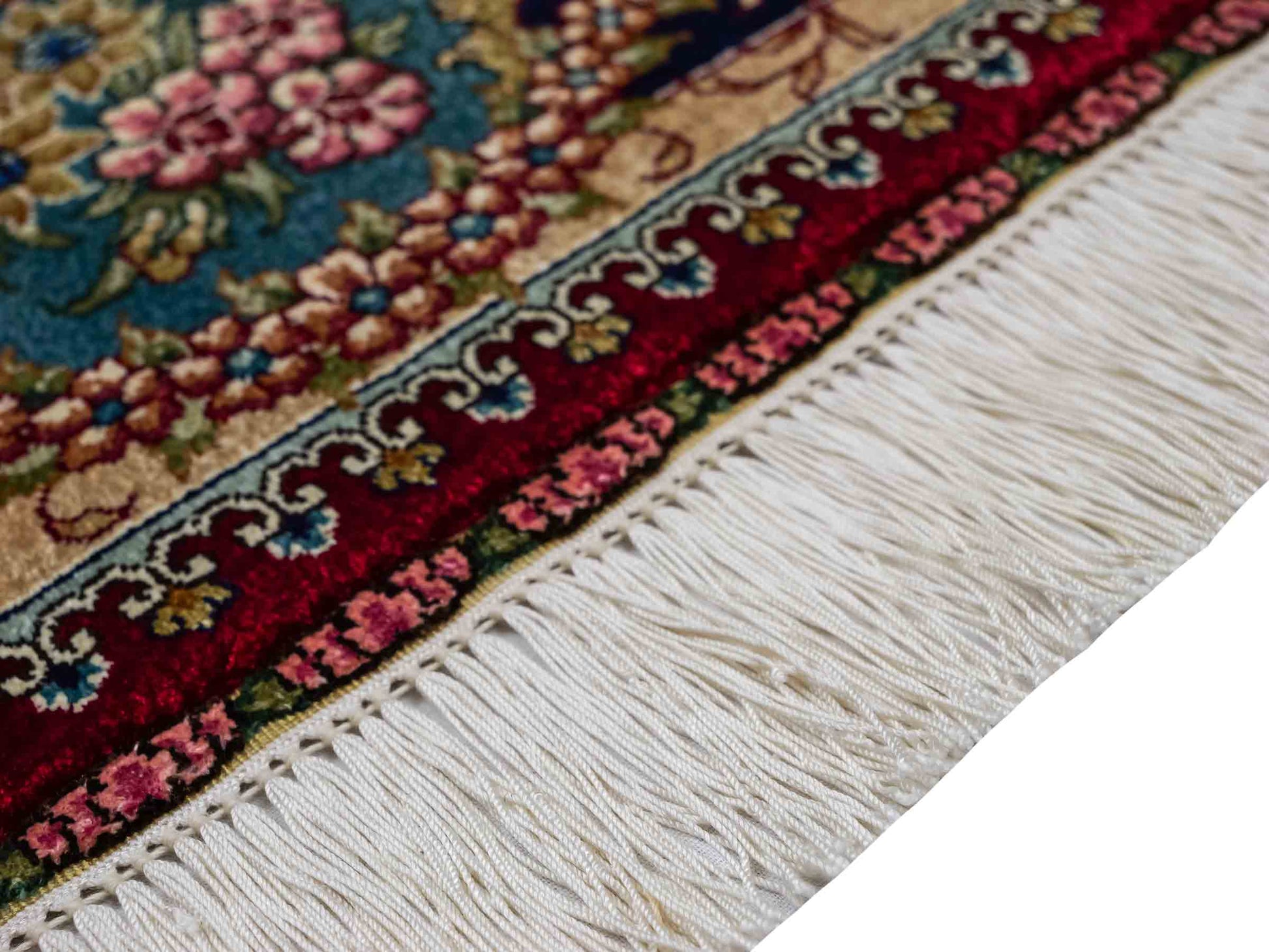 Sehr feiner, handgeknüpfter Khademi Orientteppich mit Hereke Design aus reiner Seide, rot, blau. Vertrieb durch Jupiter Intl.