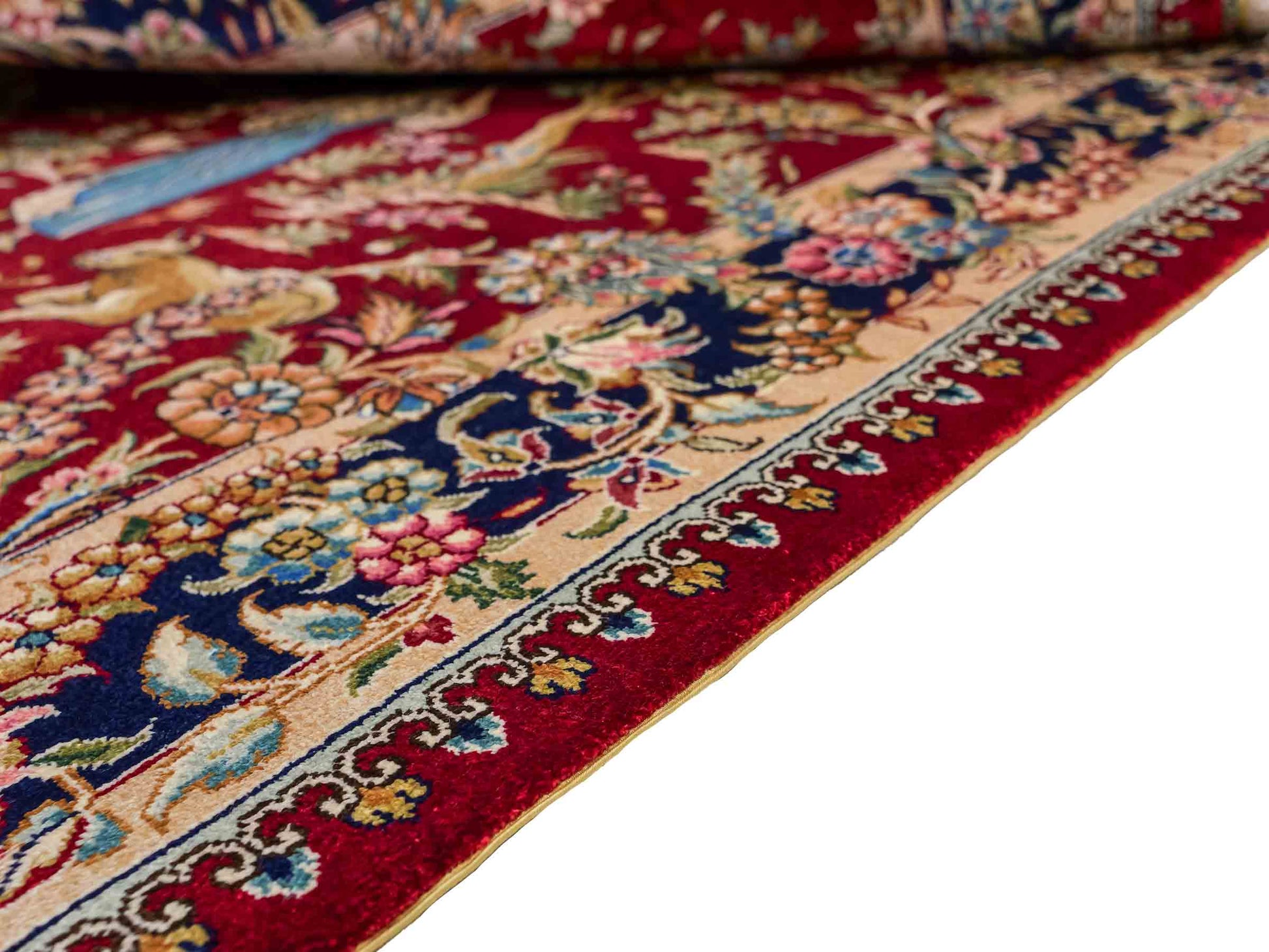 Sehr feiner, handgeknüpfter Khademi Orientteppich mit Hereke Design aus reiner Seide, rot, blau. Vertrieb durch Jupiter Intl.