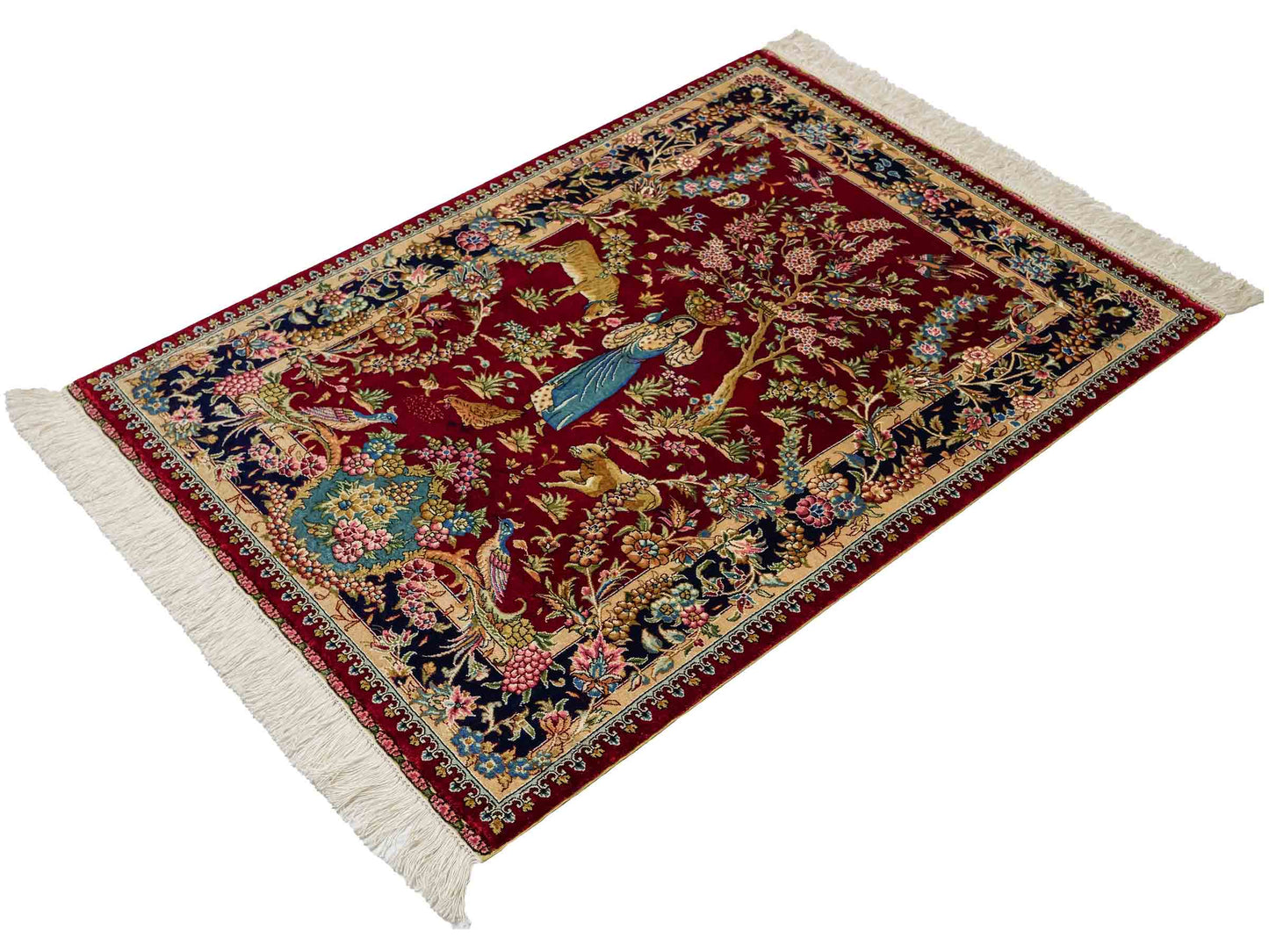 Sehr feiner, handgeknüpfter Khademi Orientteppich mit Hereke Design aus reiner Seide, rot, blau. Vertrieb durch Jupiter Intl.
