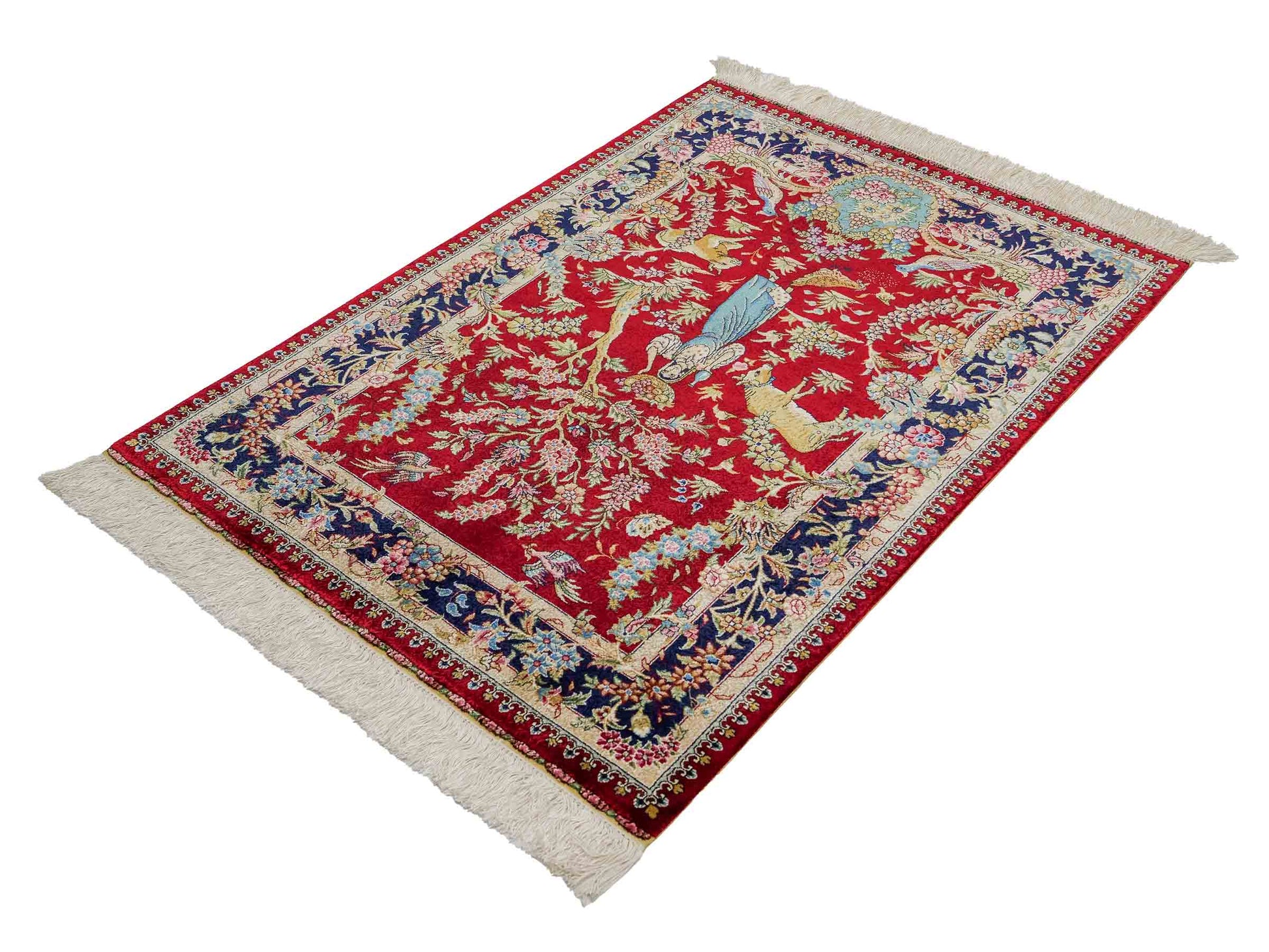 Sehr feiner, handgeknüpfter Khademi Orientteppich mit Hereke Design aus reiner Seide, rot, blau. Vertrieb durch Jupiter Intl.