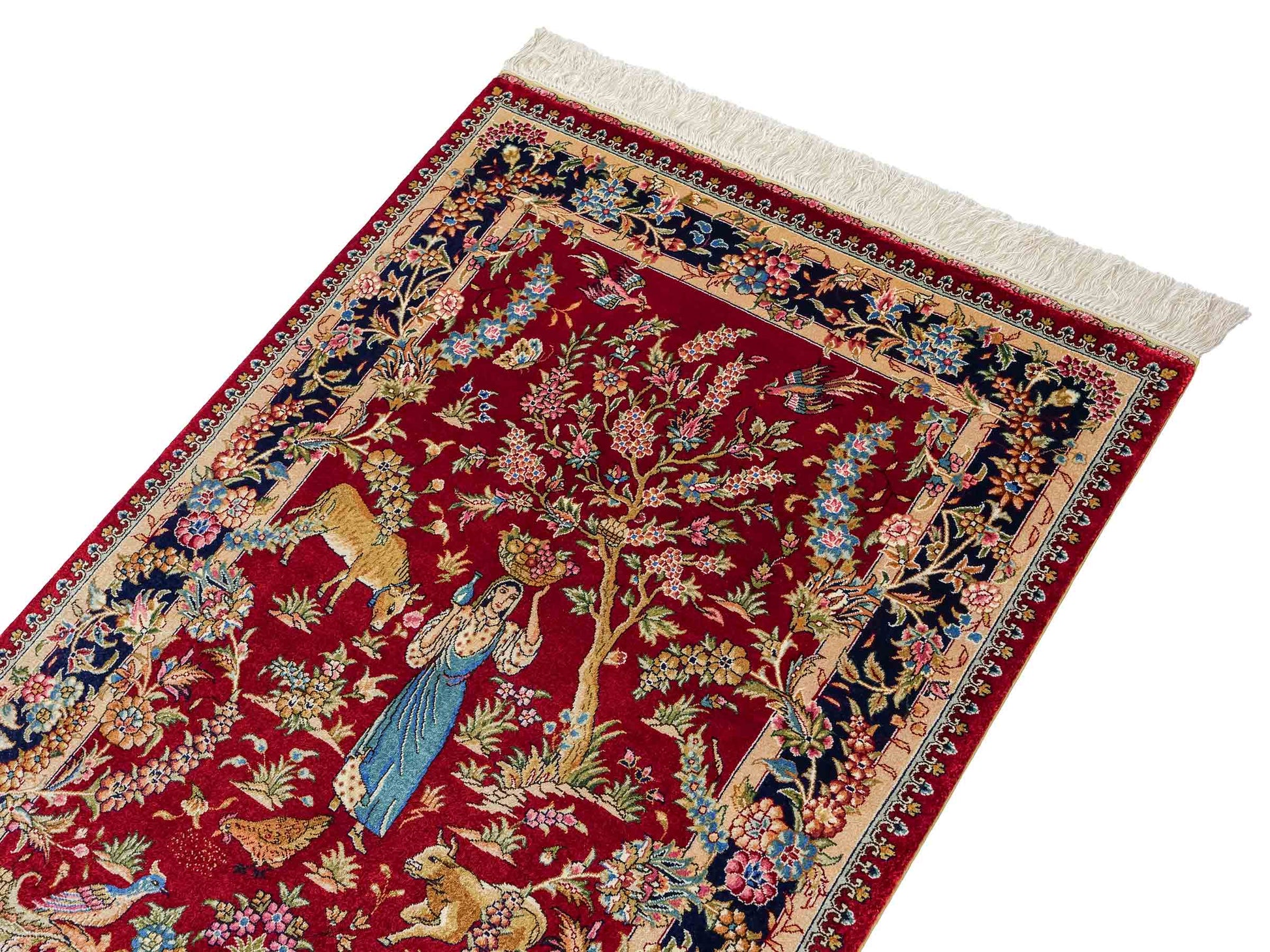 Sehr feiner, handgeknüpfter Khademi Orientteppich mit Hereke Design aus reiner Seide, rot, blau. Vertrieb durch Jupiter Intl.