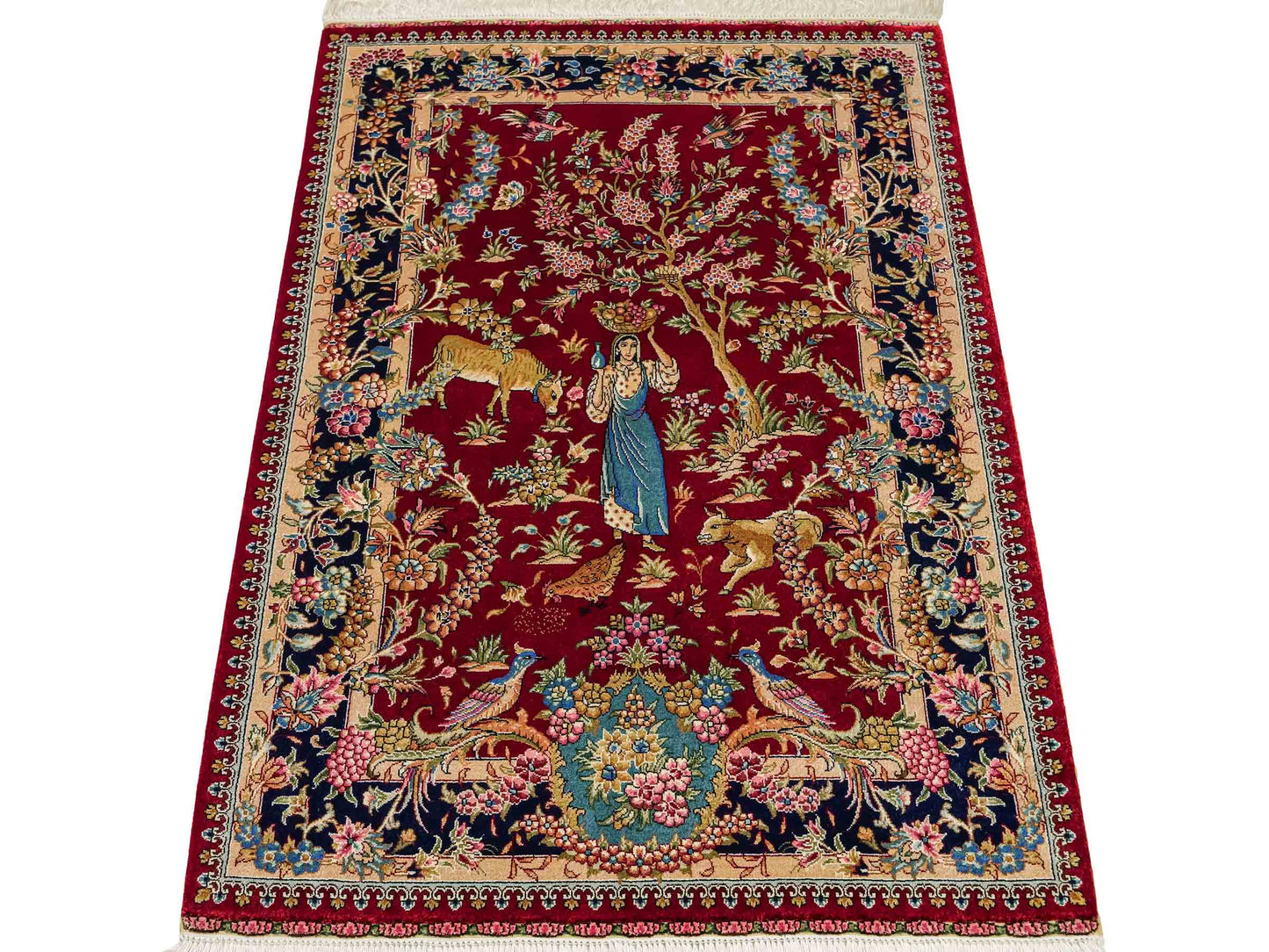 Sehr feiner, handgeknüpfter Khademi Orientteppich mit Hereke Design aus reiner Seide, rot, blau. Vertrieb durch Jupiter Intl.