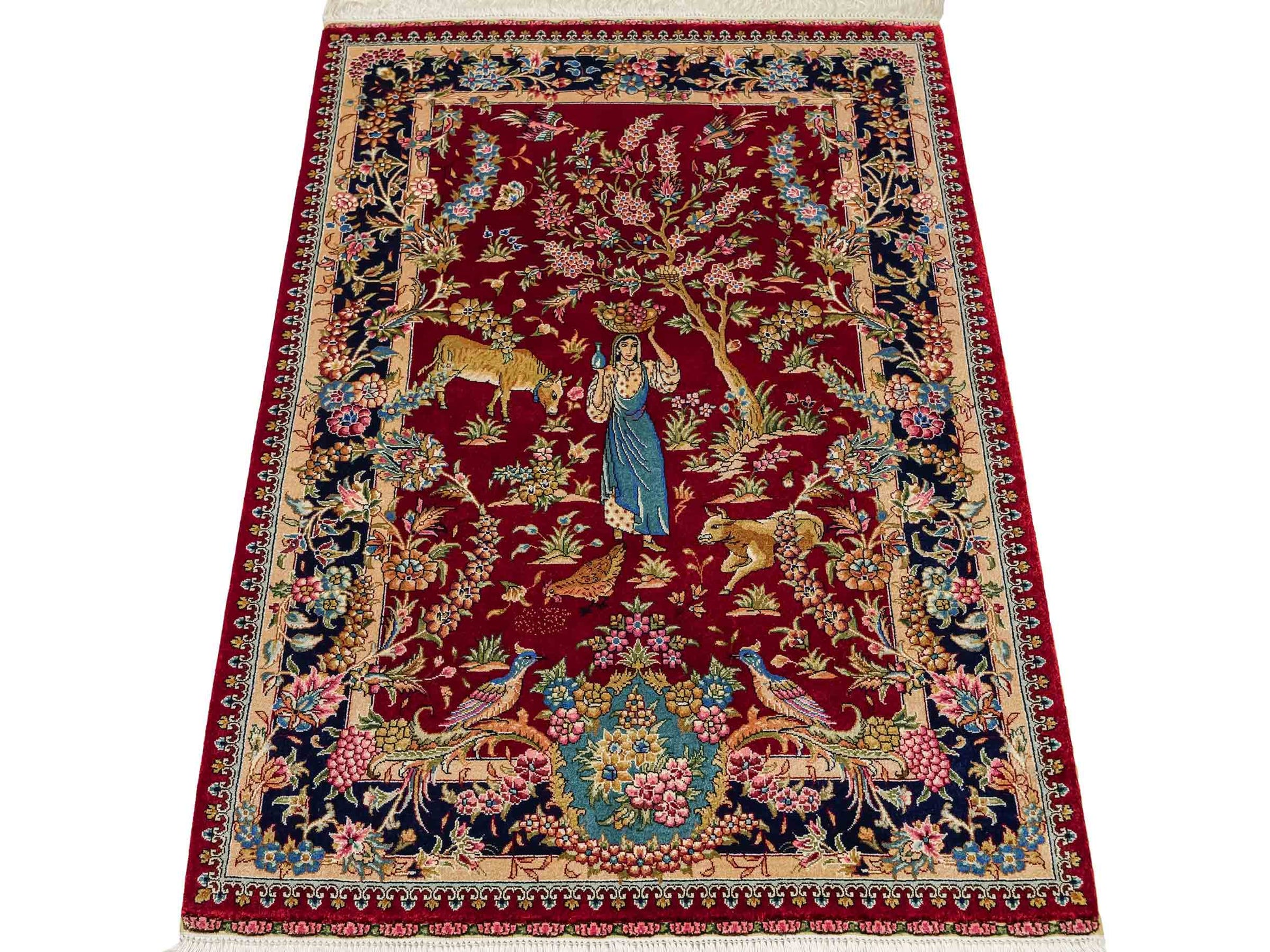 Sehr feiner, handgeknüpfter Khademi Orientteppich mit Hereke Design aus reiner Seide, rot, blau. Vertrieb durch Jupiter Intl.