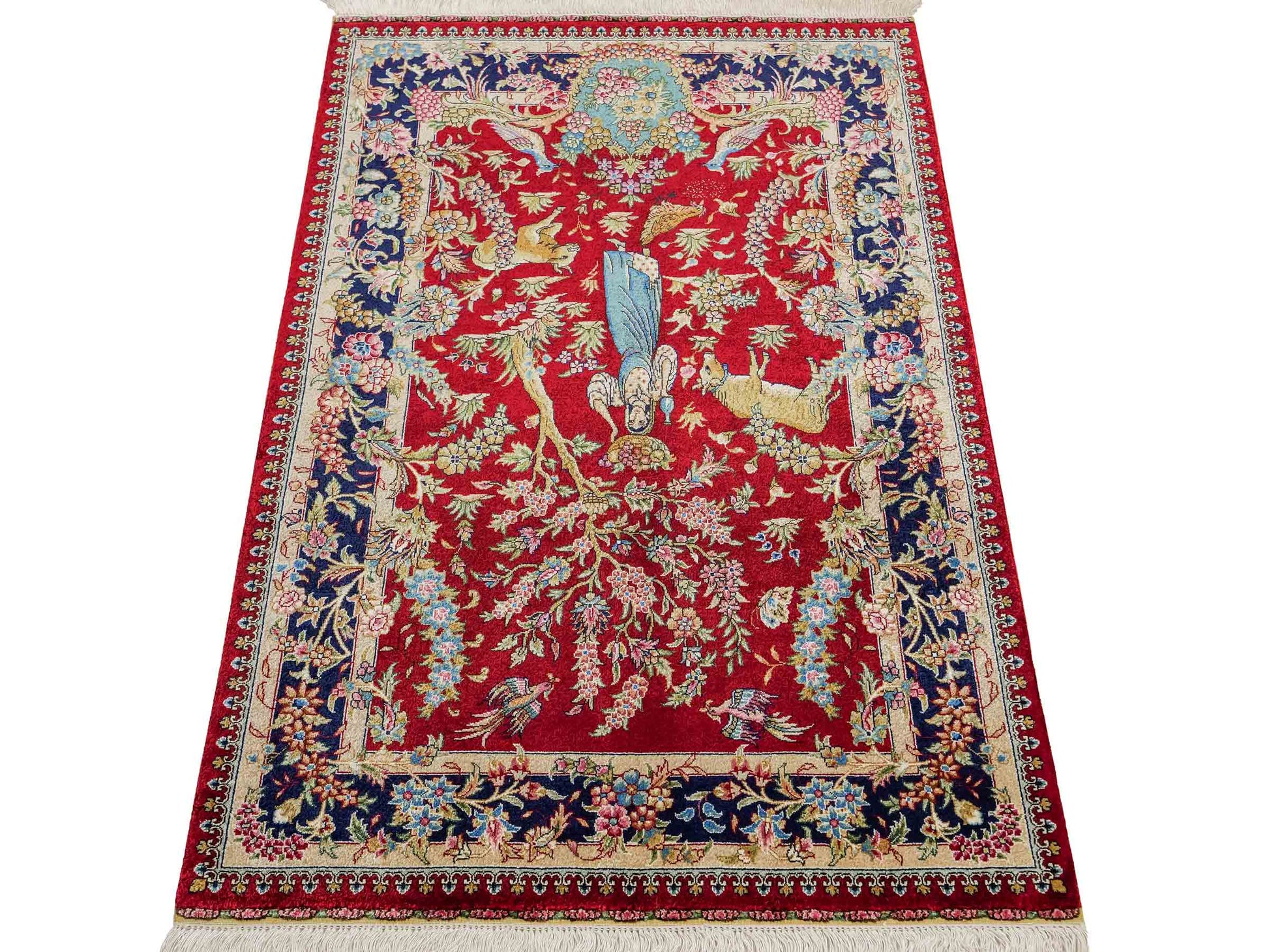 Sehr feiner, handgeknüpfter Khademi Orientteppich mit Hereke Design aus reiner Seide, rot, blau. Vertrieb durch Jupiter Intl.