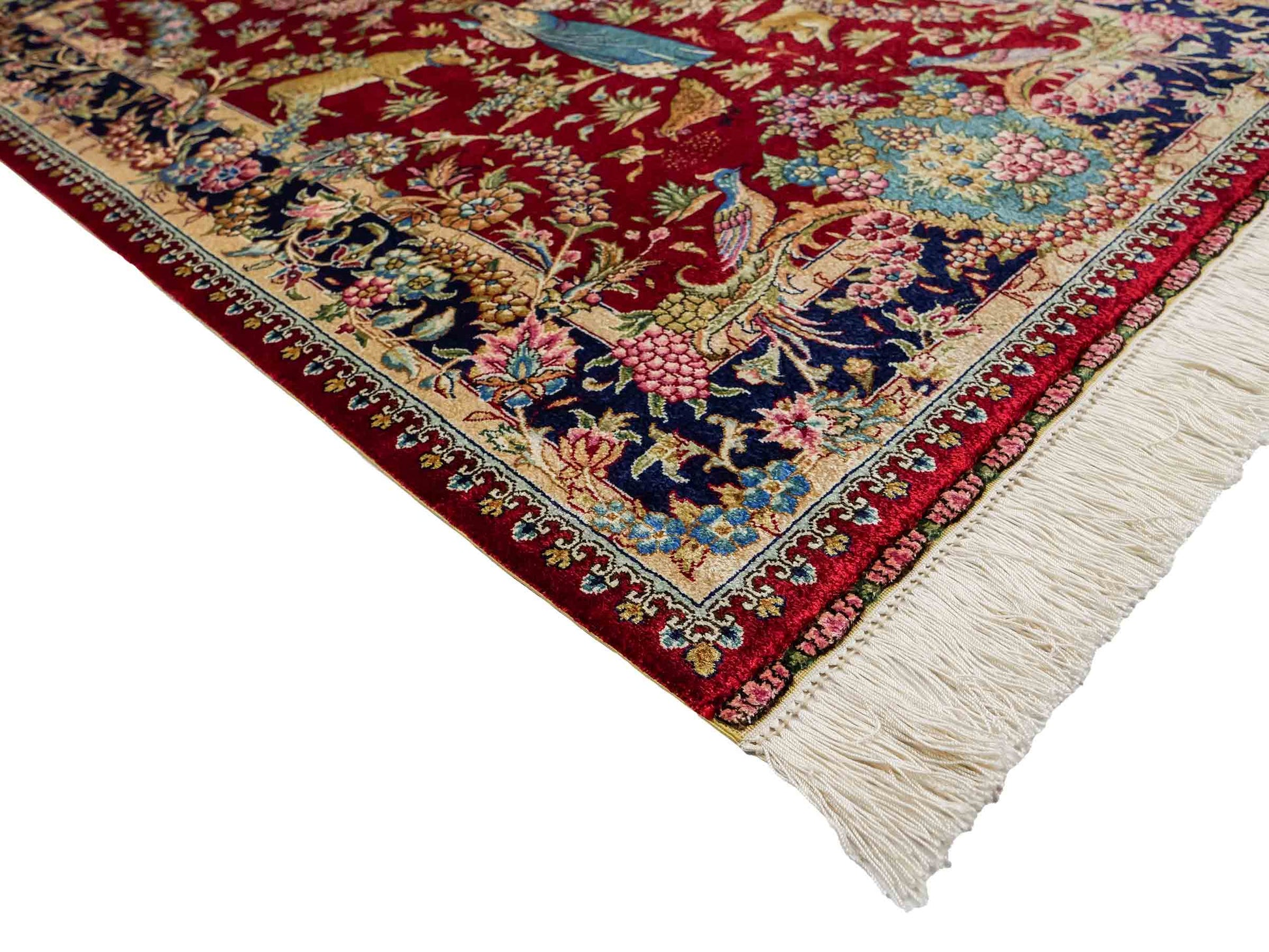Sehr feiner, handgeknüpfter Khademi Orientteppich mit Hereke Design aus reiner Seide, rot, blau. Vertrieb durch Jupiter Intl.