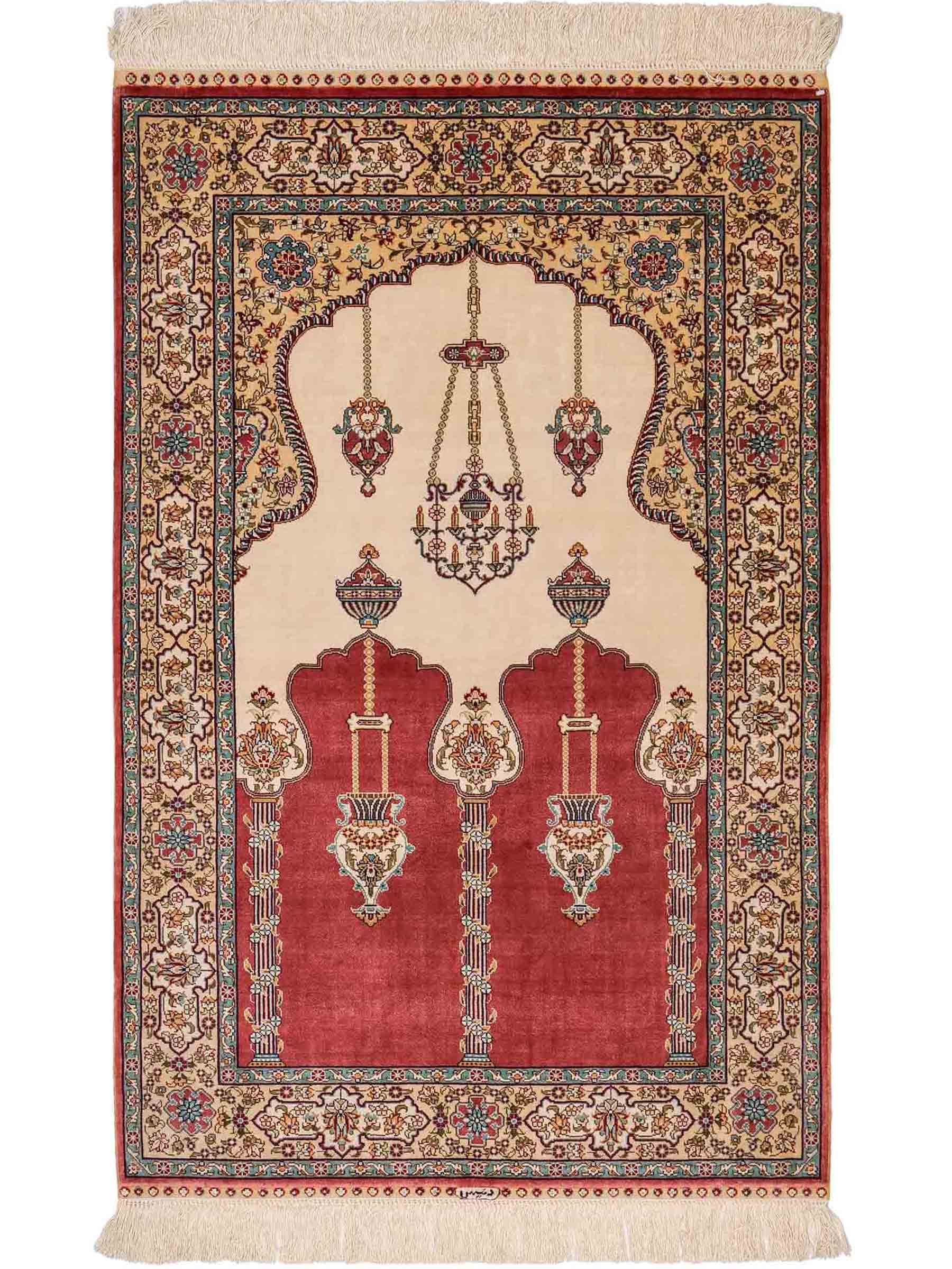 Sehr feiner, handgeknüpfter Khademi Orientteppich mit Hereke Design aus reiner Seide, rot, creme. 121x78 cm. Vertrieb durch Jupiter Intl.