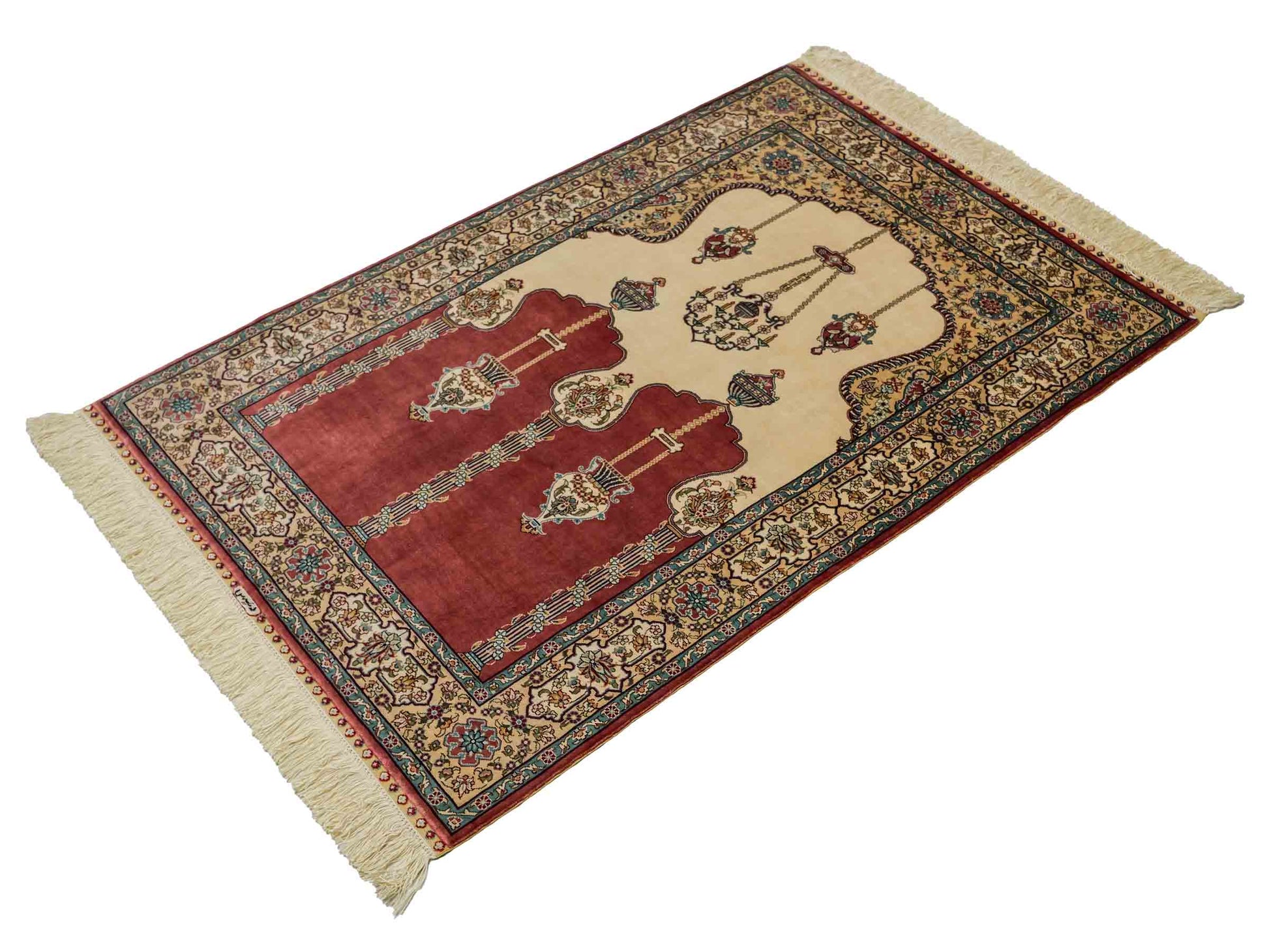 Sehr feiner, handgeknüpfter Khademi Orientteppich mit Hereke Design aus reiner Seide, rot, creme. 121x78 cm. Vertrieb durch Jupiter Intl.