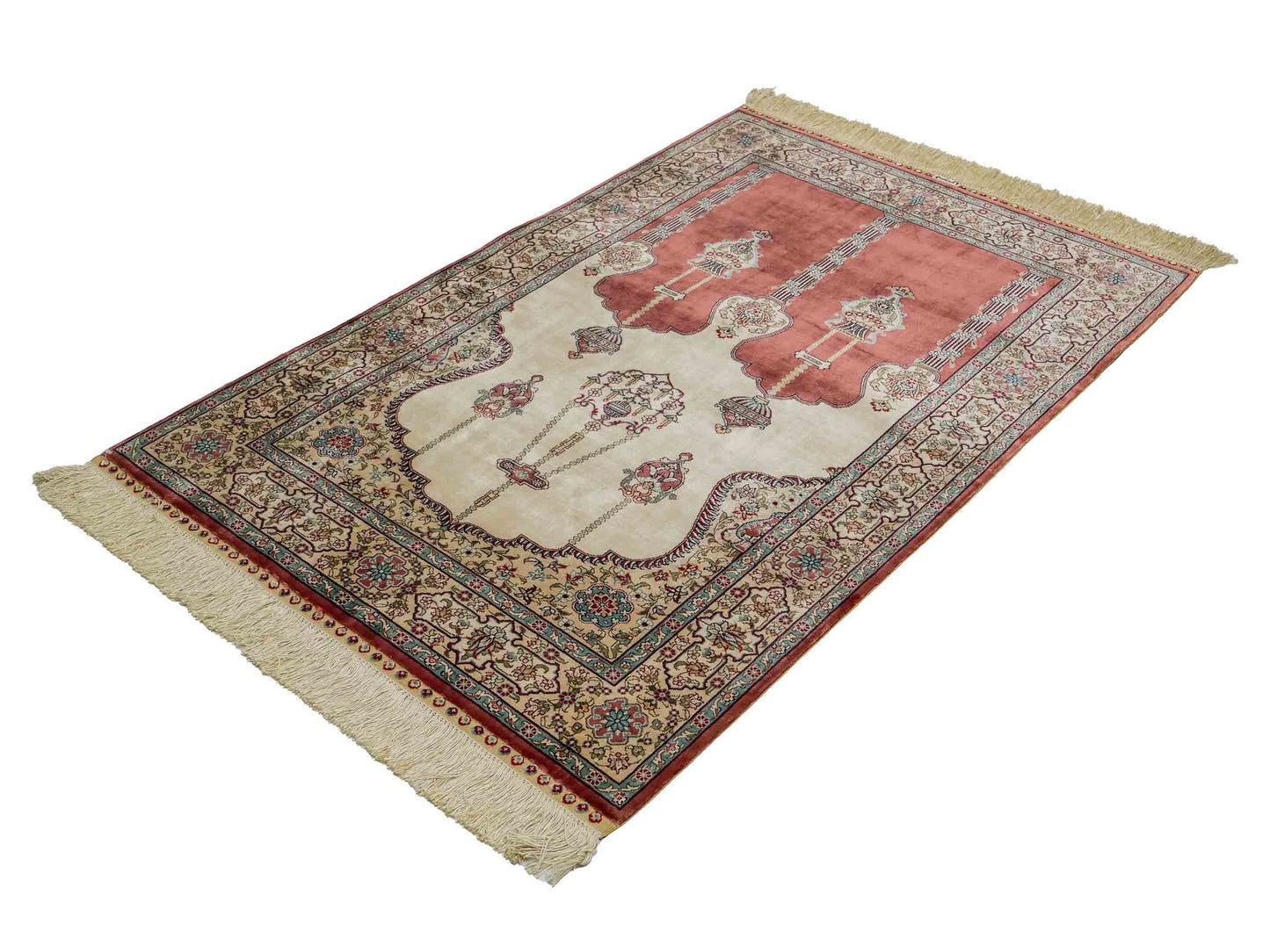 Sehr feiner, handgeknüpfter Khademi Orientteppich mit Hereke Design aus reiner Seide, rot, creme. 121x78 cm. Vertrieb durch Jupiter Intl.