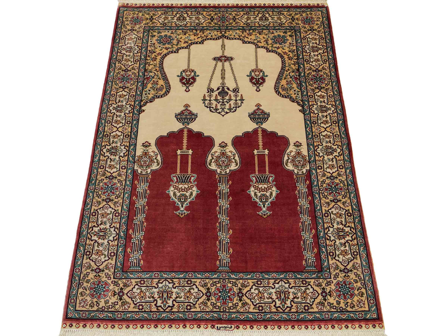 Sehr feiner, handgeknüpfter Khademi Orientteppich mit Hereke Design aus reiner Seide, rot, creme. 121x78 cm. Vertrieb durch Jupiter Intl.