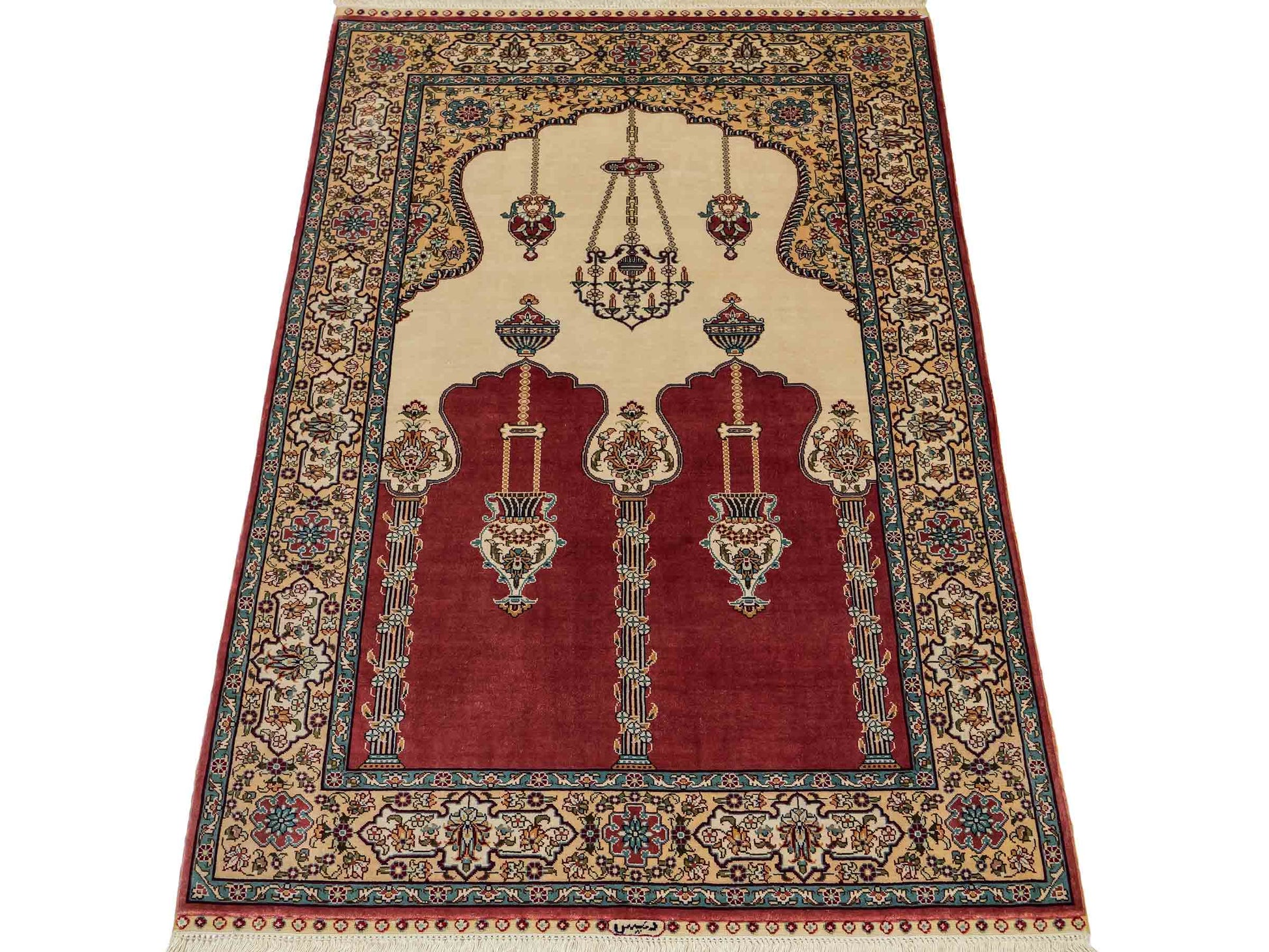 Sehr feiner, handgeknüpfter Khademi Orientteppich mit Hereke Design aus reiner Seide, rot, creme. 121x78 cm. Vertrieb durch Jupiter Intl.