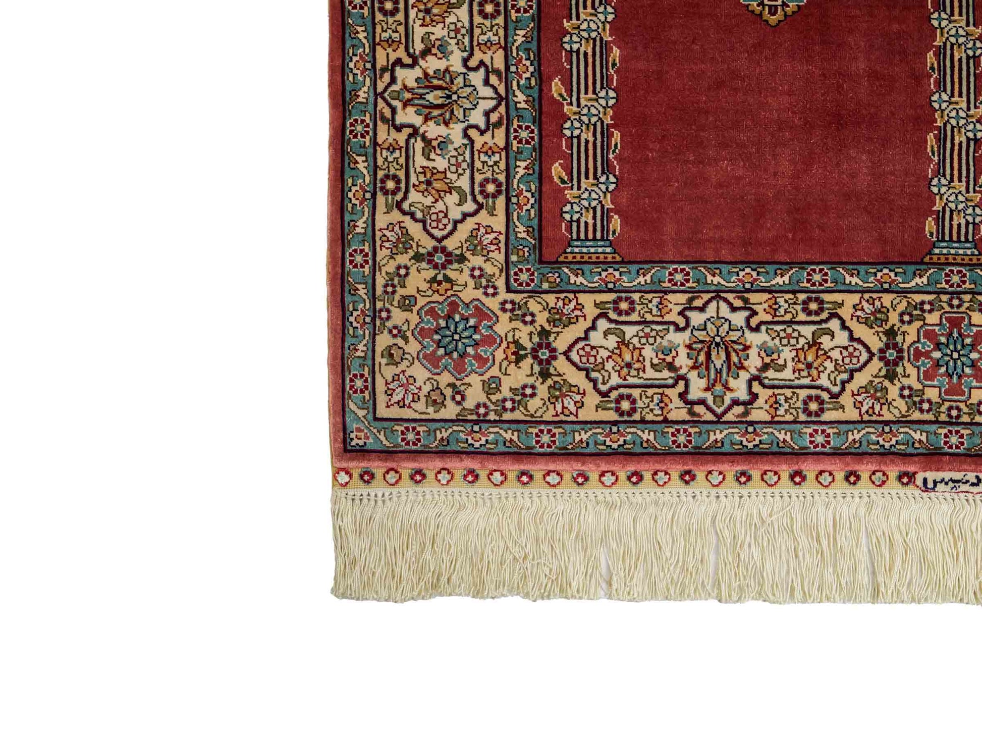 Sehr feiner, handgeknüpfter Khademi Orientteppich mit Hereke Design aus reiner Seide, rot, creme. 121x78 cm. Vertrieb durch Jupiter Intl.