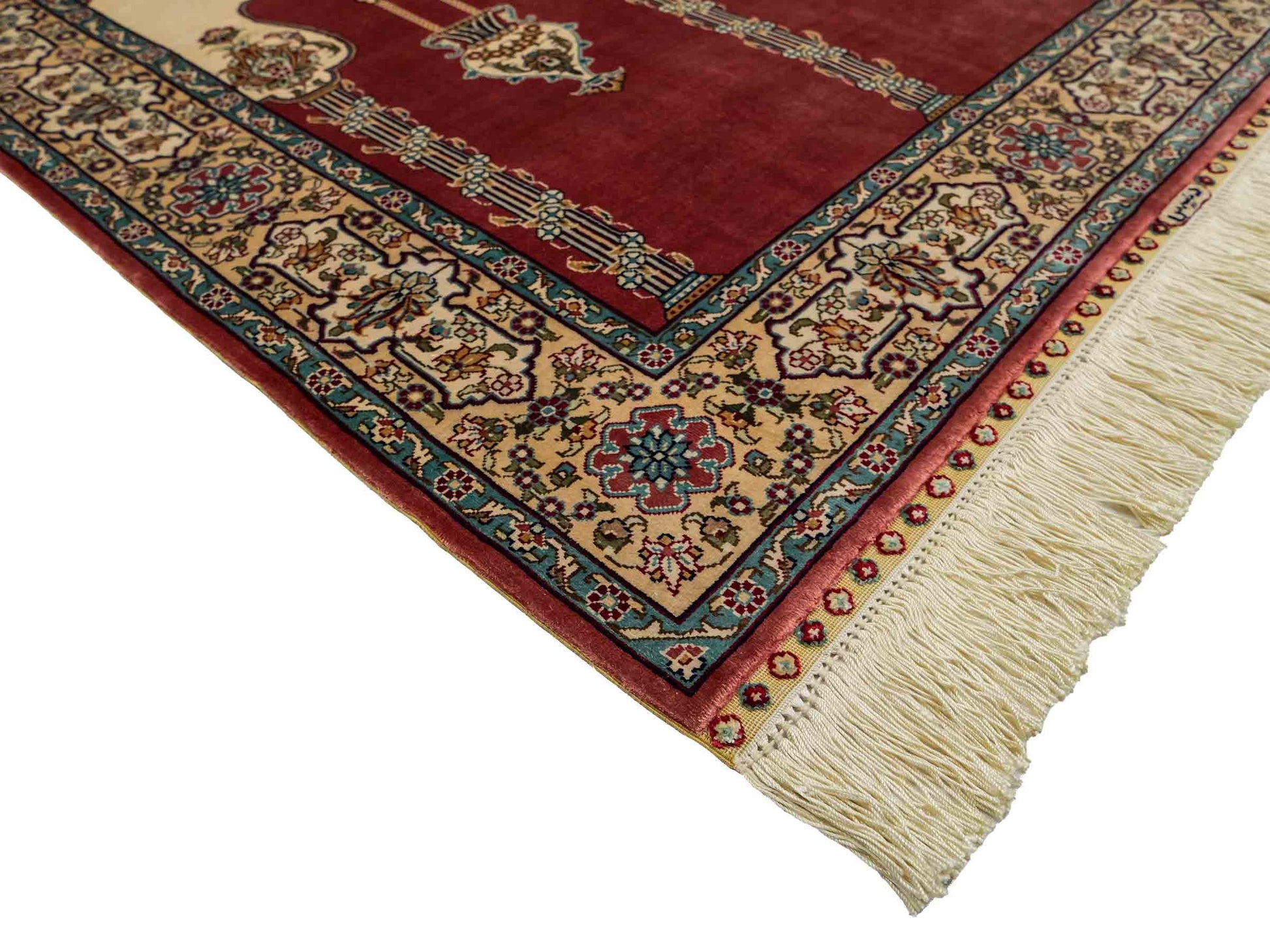 Sehr feiner, handgeknüpfter Khademi Orientteppich mit Hereke Design aus reiner Seide, rot, creme. 121x78 cm. Vertrieb durch Jupiter Intl.