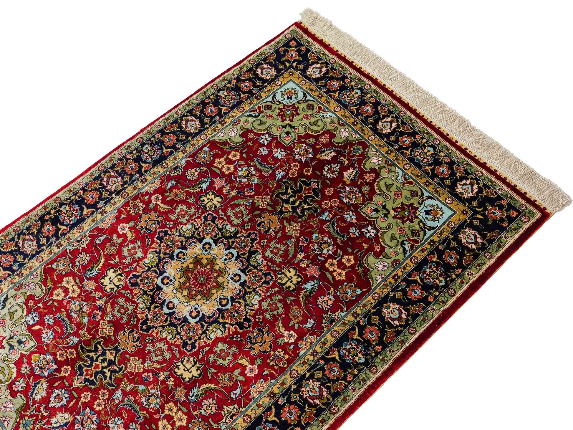 Sehr feiner, handgeknüpfter Khademi Orientteppich mit Hereke Design aus reiner Seide, rot, blau. 122x78 cm. Vertrieb durch Jupiter Intl.