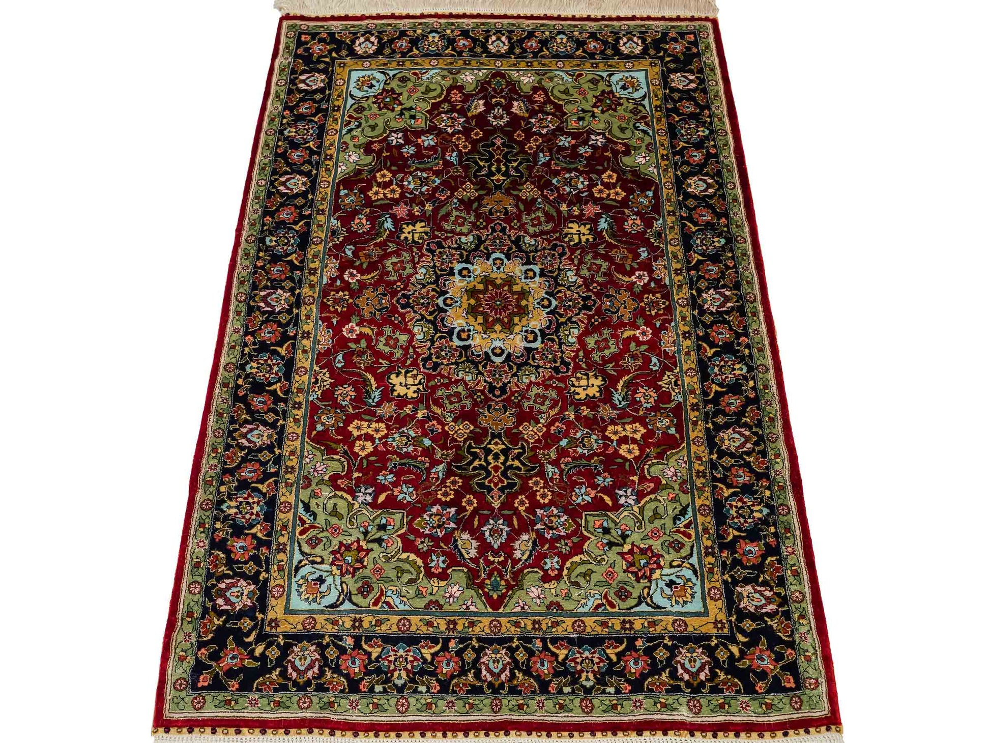 Sehr feiner, handgeknüpfter Khademi Orientteppich mit Hereke Design aus reiner Seide, rot, blau. 122x78 cm. Vertrieb durch Jupiter Intl.