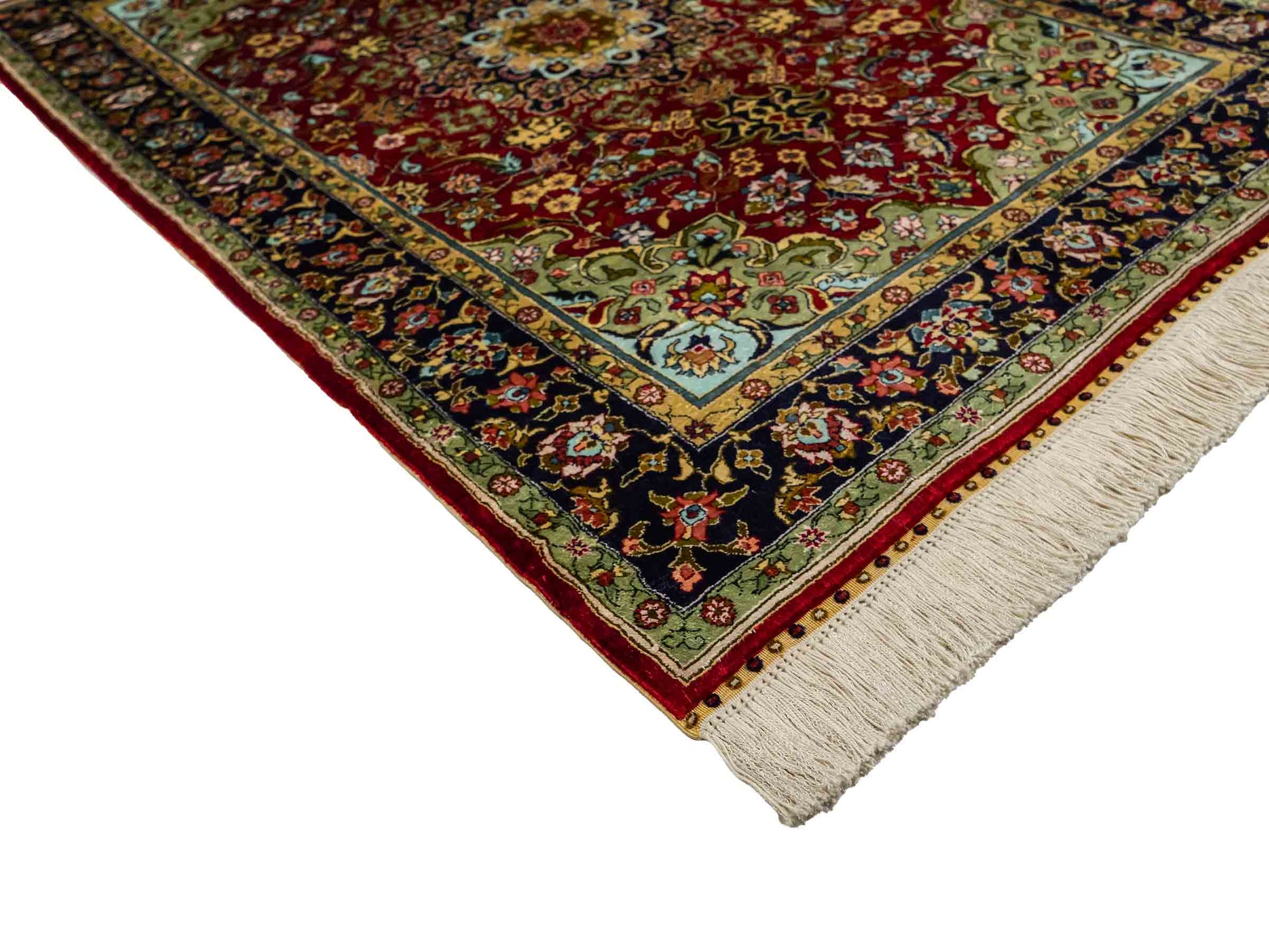 Sehr feiner, handgeknüpfter Khademi Orientteppich mit Hereke Design aus reiner Seide, rot, blau. 122x78 cm. Vertrieb durch Jupiter Intl.