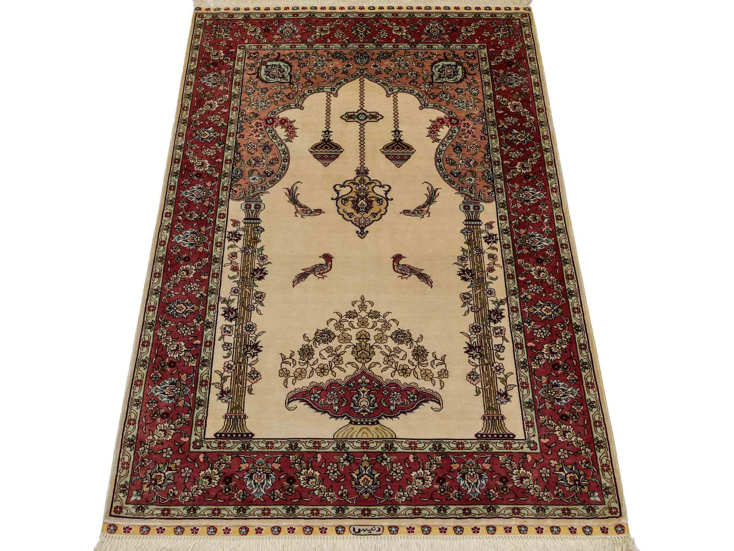 Sehr feiner, handgeknüpfter Khademi Orientteppich mit Hereke Design aus reiner Seide, creme, rosa. 123x78 cm. Vertrieb durch Jupiter Intl.