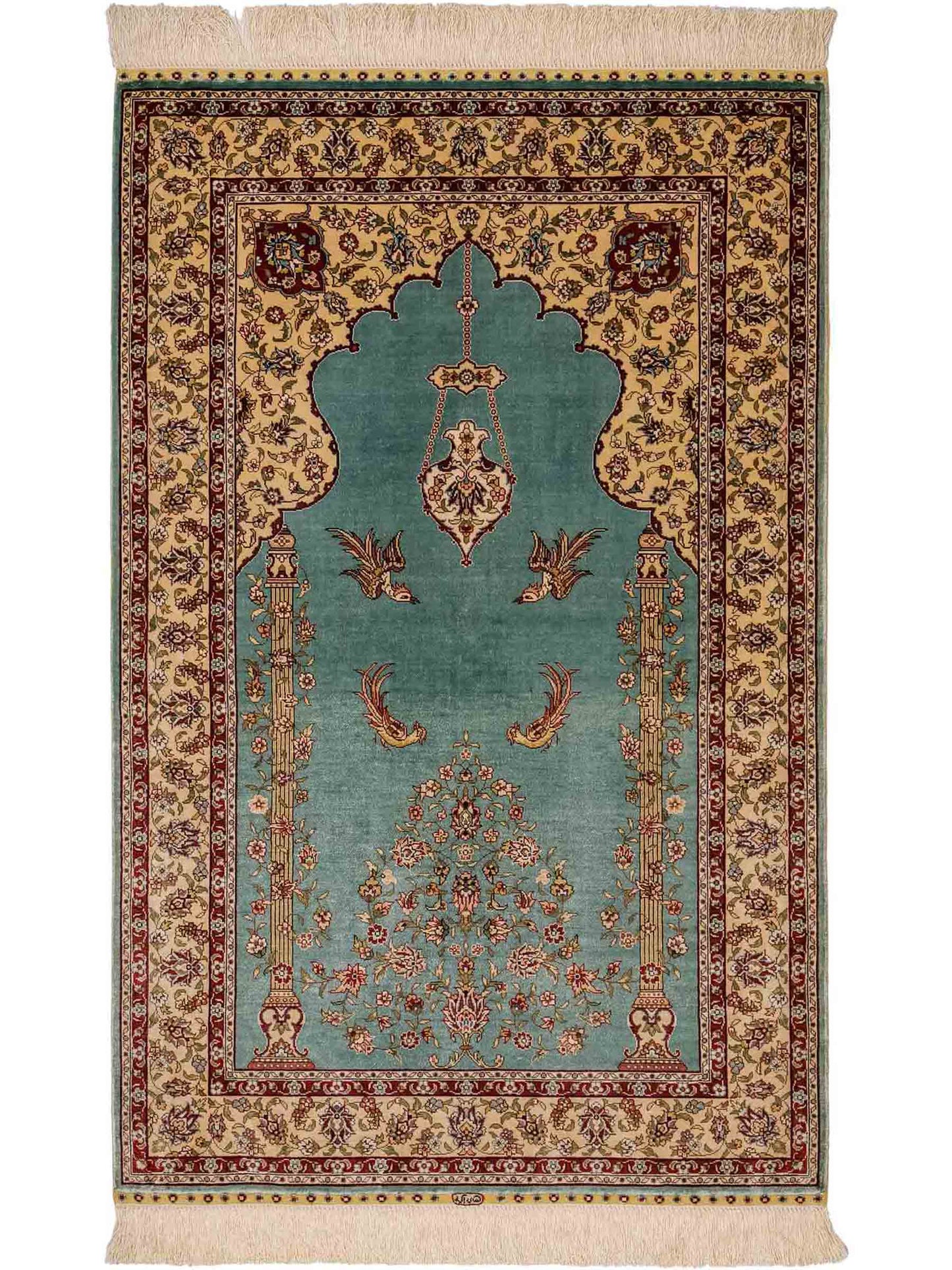 Sehr feiner, handgeknüpfter Khademi Orientteppich mit Hereke Design aus reiner Seide, blau, creme. 124x78 cm. Vertrieb durch Jupiter Intl.