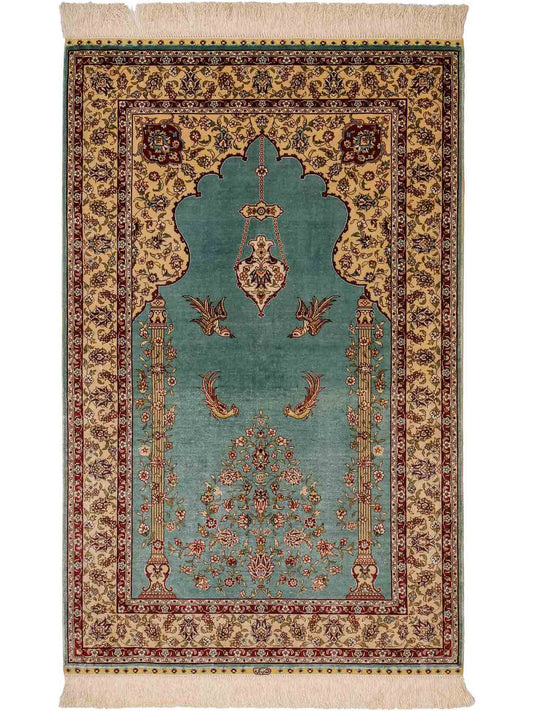 Sehr feiner, handgeknüpfter Khademi Orientteppich mit Hereke Design aus reiner Seide, blau, creme. 124x78 cm. Vertrieb durch Jupiter Intl.
